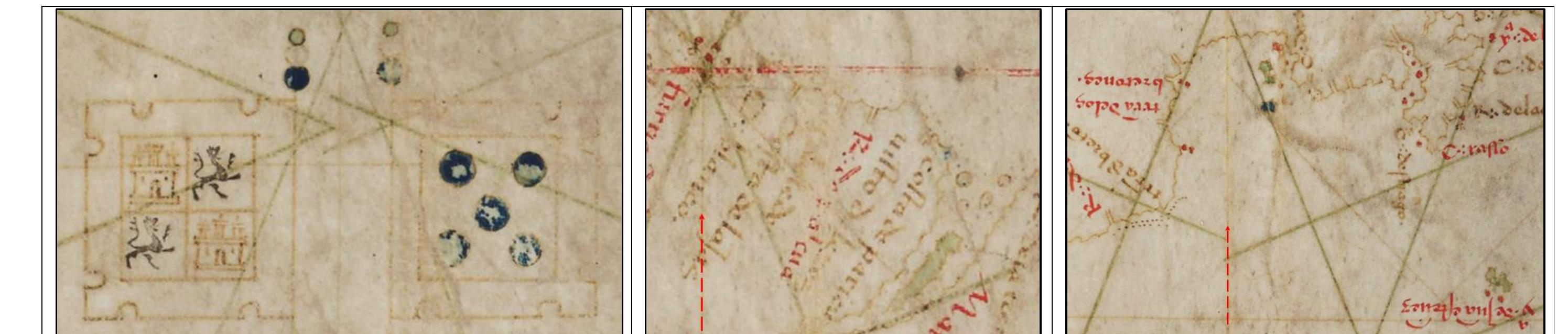 Figure 11. The LoD intercepts from the 1529 Diogo Ribero Planisphere (Kt 020 - 58 S). The LoD intercepted the North American continent to the west of C. Raffo on the southe  Newfoundland. This positioning identified Ribero’s LoD as driving between Newfoundland and Nova Scotia. Image source: Herzogin Anna Amalia Bibliothek, Klassik Stiftung (Weimar, GE); available from: https://haab-digital.klassik-stiftung.de/viewer/fullscreen/1664181814/2/.  