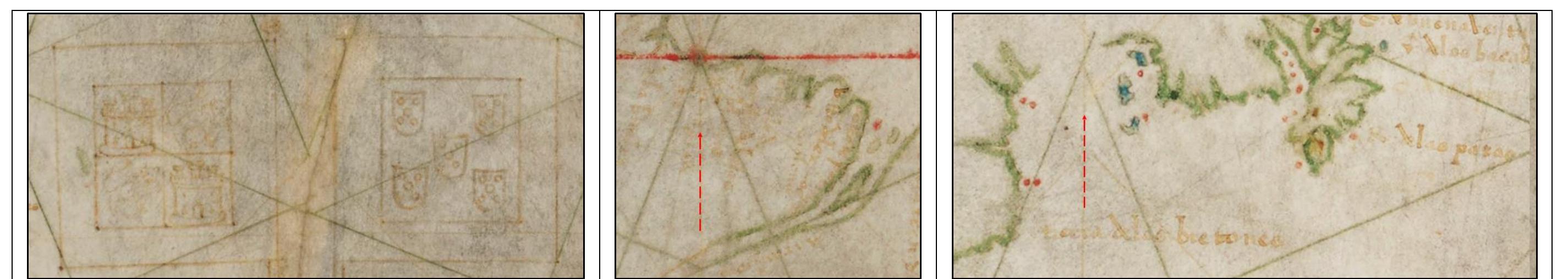 Figure 14. The LoD intercepts from the 1527 Diogo Ribero Planisphere (Kt 020 - 57 S). The LoD intercepted the North American continent to the west of C. Raffo on the southe end of Newfoundland. This positioning identified Ribero’s LoD as driving between Newfoundland and Nova Scotia. Image source: Herzogin Anna Amalia Bibliothek, Klassik Stiftung Weimar (Weimar, GE); available from: https://haab-digital.klassik-stiftung.de/viewer/resolver?urn=urn:nbn:de:gbv:32-1-10024669936.  