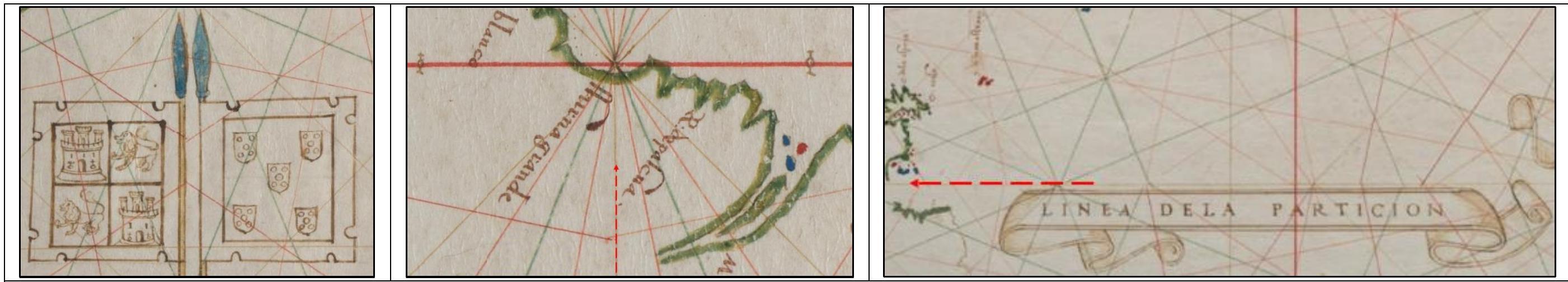 | Figure 15. The Linea Dela Particion intercepts from the 1525 Diogo Ribero Planisphere (C.G.A.12). The LoD intercepted the North American continent to the west of C. Raffo on the southern end of Newfoundland. This positioning identified Ribero’s LoD as driving between Newfoundland and Nova Scotia. Image source: Biblioteca Estense (Modena, IT); available from: https://edl.cultura.gov.it/item/0qm947)41.  