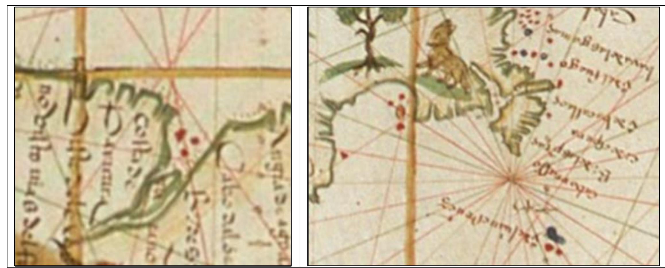 Figure 17. The c. 1525 Salviati Planisphere (Med.Palat.249). The LoD intercept on the North American continent to the west of C. Raffo on the southern end of Newfoundland. This positioning identified Salviati’s LoD as driving between Newfoundland and Nova Scotia. Image source: Biblioteca Medicea Laurenziana (Florence, IT); available from: https://medea.fc.ul.pt/view/chart/47.  
