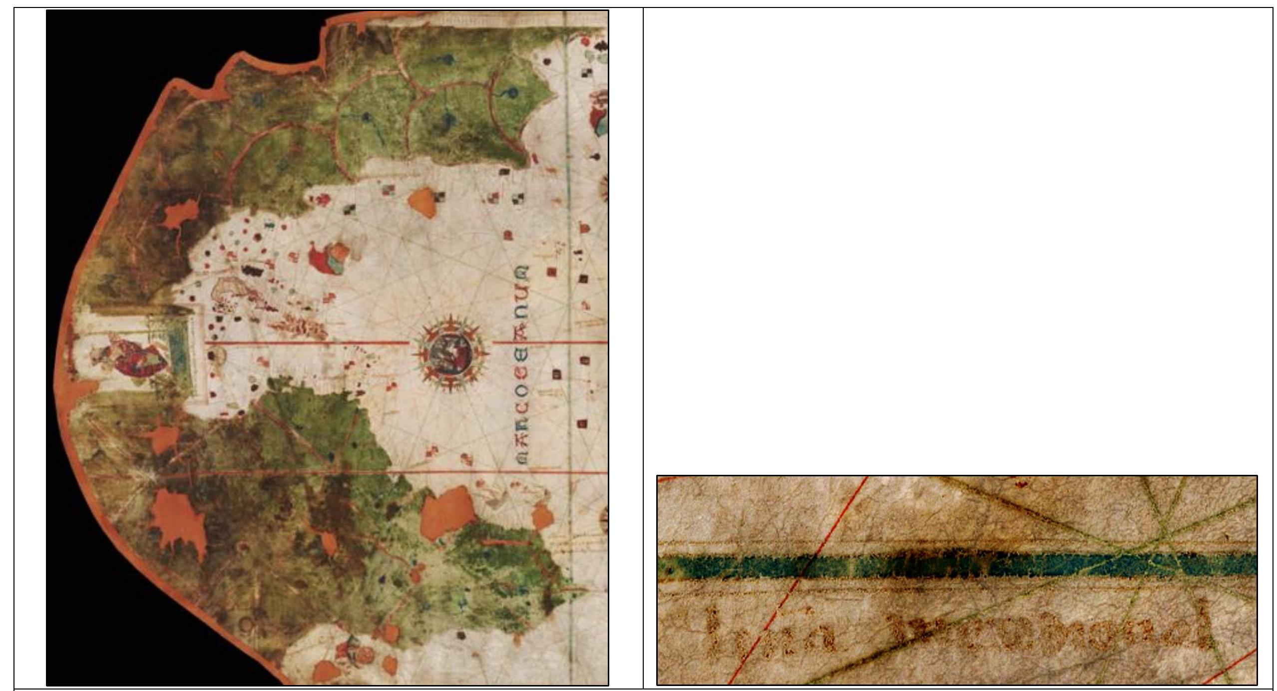 Figure 22. The 1500 Juan de la Cosa Chart (MNM 257). The blue-colored LoD is identified by the label Linia [Portugal (?)] in the southern hemisphere. The LoD, focusing on its positioning on the easternmost tip of the South American continent, is displaced to the east from later representations. Image source: Museo Naval (Madrid, ES); available from: http://www.highres.factum-arte.org/Chart_Juan_de_la_Cosa/shared/viewer.html?showVolver=1.  