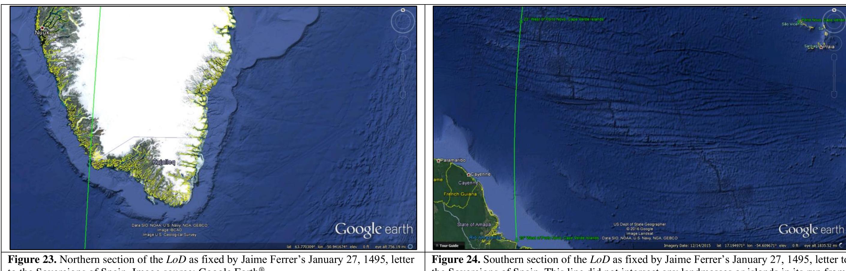 Ferrer is using a mathematical construct here. Two drawn lines, extending from the north and south geographic poles, which are separated by 23° in longitude as they cross the Equator. Ferrer references the Equator because in this era, when the Earth was understood to be a perfect sphere, it was at the Equator where the distance dimension for one degree of longitude was equivalent to the distance dimension of one degree of latitude. As one moved north or south of the Equator the dimensional distance separating a degree of longitude steadily decreased until the meridian lines converged at the respective poles. Portolan maps were constructed with equal dimensional units for both longitude and latitude thus enabling the rhumb lines to cross them at equal angles. It was a map construct that enabled the use of mathematics to derive longitude positions based on right triangles. 