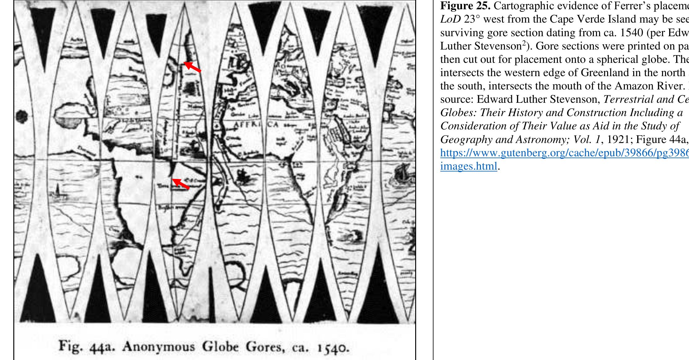 23° is equivalent to 92 minutes Right Ascension (RA; each longitude degree is equivalent to four minutes of time) so a second marker is placed to the west by that va 7.051963°, -48.355661°; 8h46m34.64s RA.  A meridian line drawn to the south of this second marker intersects the mouth of the Amazon River in South America. In the north the line parallels the western side « sreenland.  Ferrer’s placement of the LoD, respective of its western Greenland intercept, would have been unacceptable to Portugal as it would have excluded them from the rich cod fishing banks to the west of Greenland, off the North American coastline.  The King and Queen of Spain had some difficulty in understanding the instructions provided by Ferrer within his January 27, 1495 letter. This is evident by a letter fror the Sovereigns dated on February 28, 1495 and sent to Ferrer.? A reply to the Sovereigns was crafted sometime in “the first half of 1495.’ The full letter is transcribed in Appendix B of this paper.  ew: wmsacius: ton: thee Elance an Sere pooexstkiodsctee vanciees ) eee a che waewwneberescbarce Se mea a1 eee: 