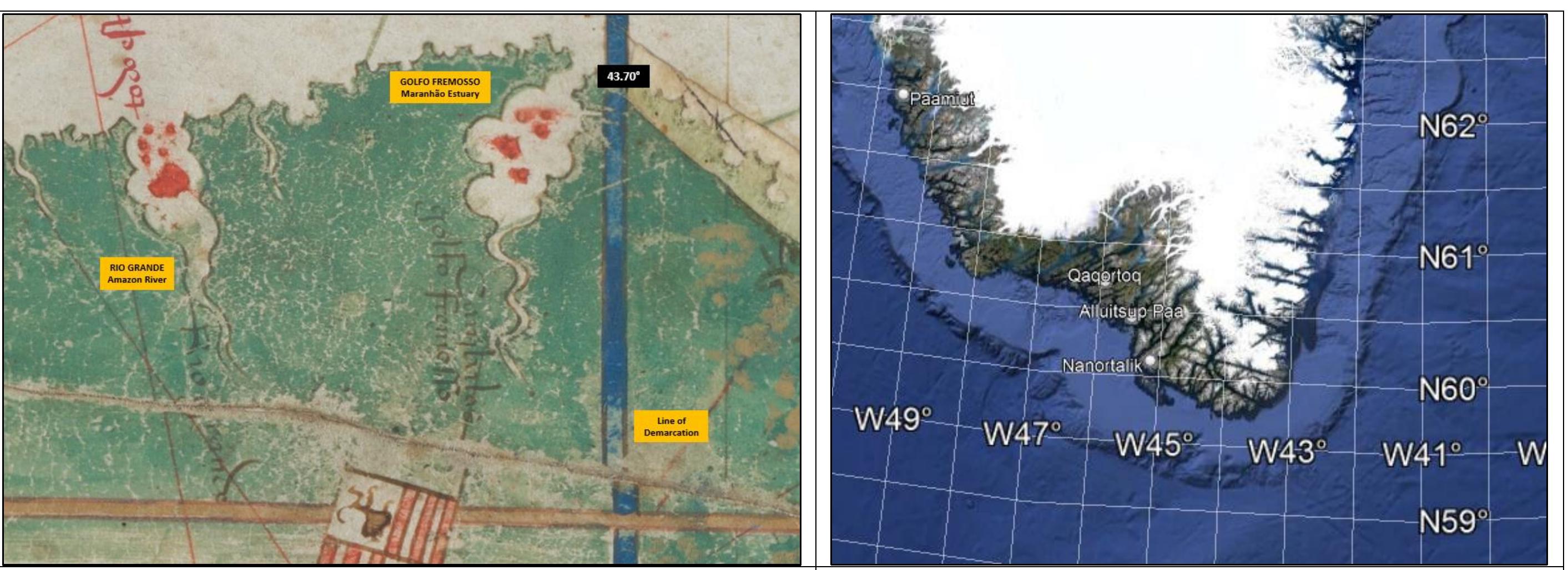 Figure 27. The LoD on the 1502 Alberto Cantino Planisphere (C.G.A.2). Image source: Biblioteca Estense (Modena, IT); available from: https://edl.cultura.gov.it/item/yzjgele57d.   2). Image source: Figure 28. The 43.4° W meridian intersects the SE point of Greenland. Image source: v.it/item/yzjgele57d. Google Earth®.  