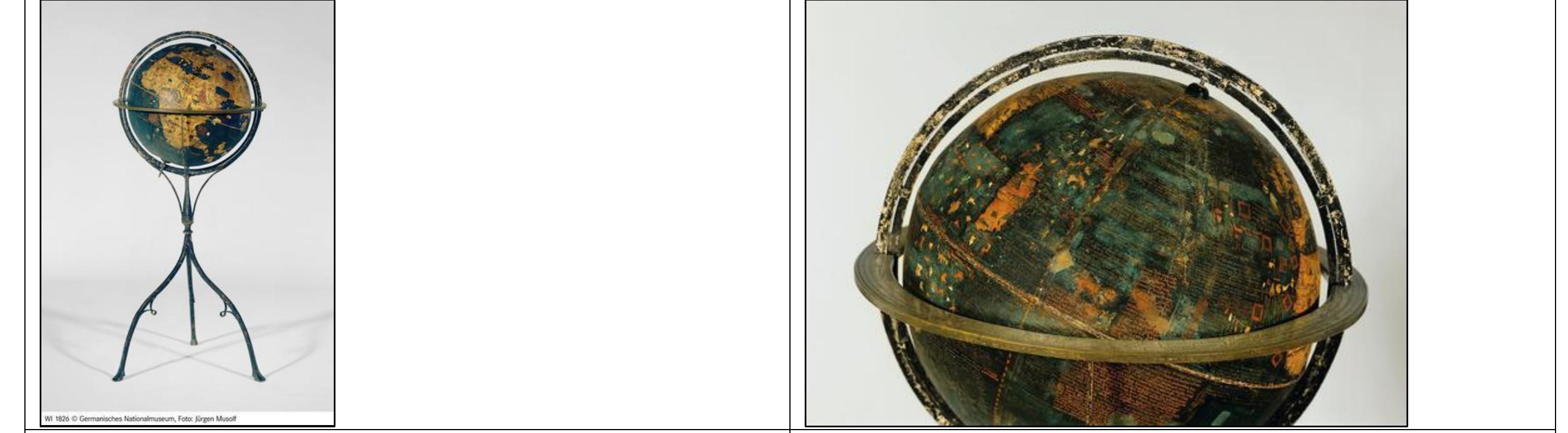 Figure 37. The 1492 Martin Behaim Terrestrial Globe (Erdapfel (“Earth Apple”)]. Image source: https://objektkatalog.gnm.de/wisski/navigate/133901/view.   Figure 38. The Atlantic Ocean region of Behaim’s 1492 globe. Image source: https://objektkatalog.gnm.de/wisski/navigate/133901/view.   In 1492, Martin Behaim crafted his terrestrial globe, the Erdapfel.'! Behaim placed his ‘zero meridian’ — his PM — in the Atlantic Ocean, displaced to the west large islands on the southwestern end of Greenland. Behaim placed the ‘Isles of Ind’ on the western side of his PM, assigning the label of Occeanus Orientis in di adjacent to the islands. The intent is clear, once one travels to the west of the PM — which was the Western Parallel — you are now in the Eastern Ocean affiliated '  (Cathai). Behaim’s PM, the Western Parallel, was the western bounds of the Western Hemisphere, once you crossed the line you have entered in the Eastern Herr the hemisphere of Asia.” 