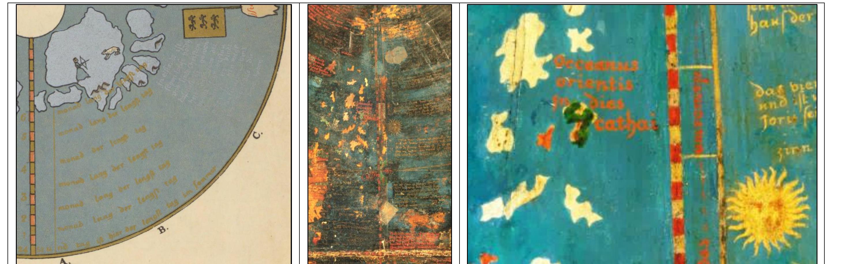 | Figure 39. (LH) Behaim’s PM drives north on the western side of two islands on the southern end of Greenland. (M) Behaim’s PM, the Western Parallel. (RH) The ‘Isles of Ind” and Occeanus Orientis in dies Cathai to the immediate east of Behaim’s PM. Image sources: (LH) and (RH):_https://collections.lib.uwm.edu/digital/collection/agdm/id/1227; (M) https://objektkatalog.gnm.de/wisski/navigate/133901/view.  