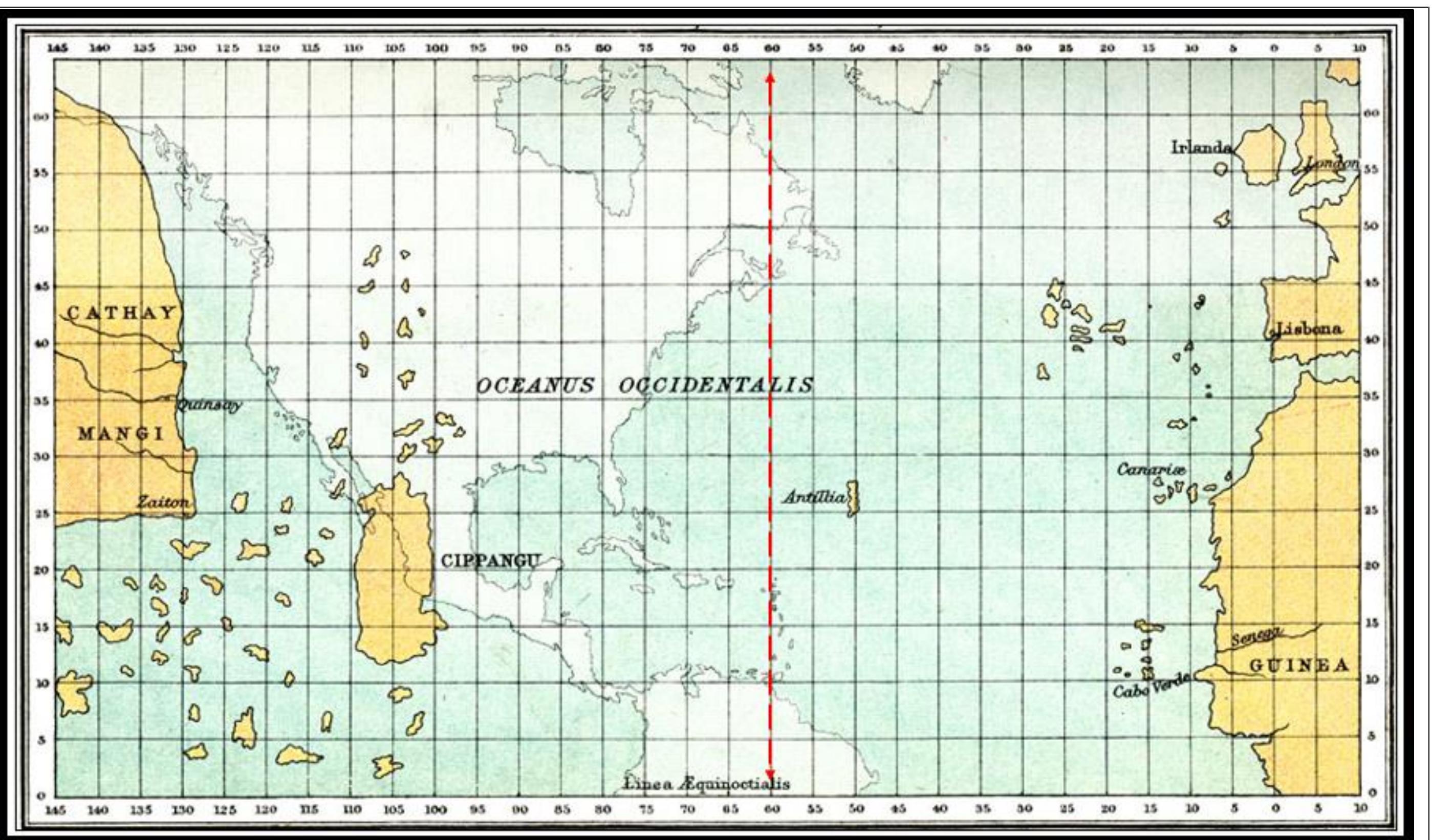 igure 42. “This map is a representation of the map and letter sent to the court of Lisbon by Palolo dal Ozzo Toscanelli [Paolo dal Pozzo Toscanelli] in 1474. Source: Ernest Rhys, Ed Literary and Historical Atlas of North & South America (New York, NY: E.P. Dutton & CO., 1911).” Red-dashed line marking 60° W added by present author. Available from: ttps://etc.usf.edu/maps/pages/10200/10258/10258.htm.  