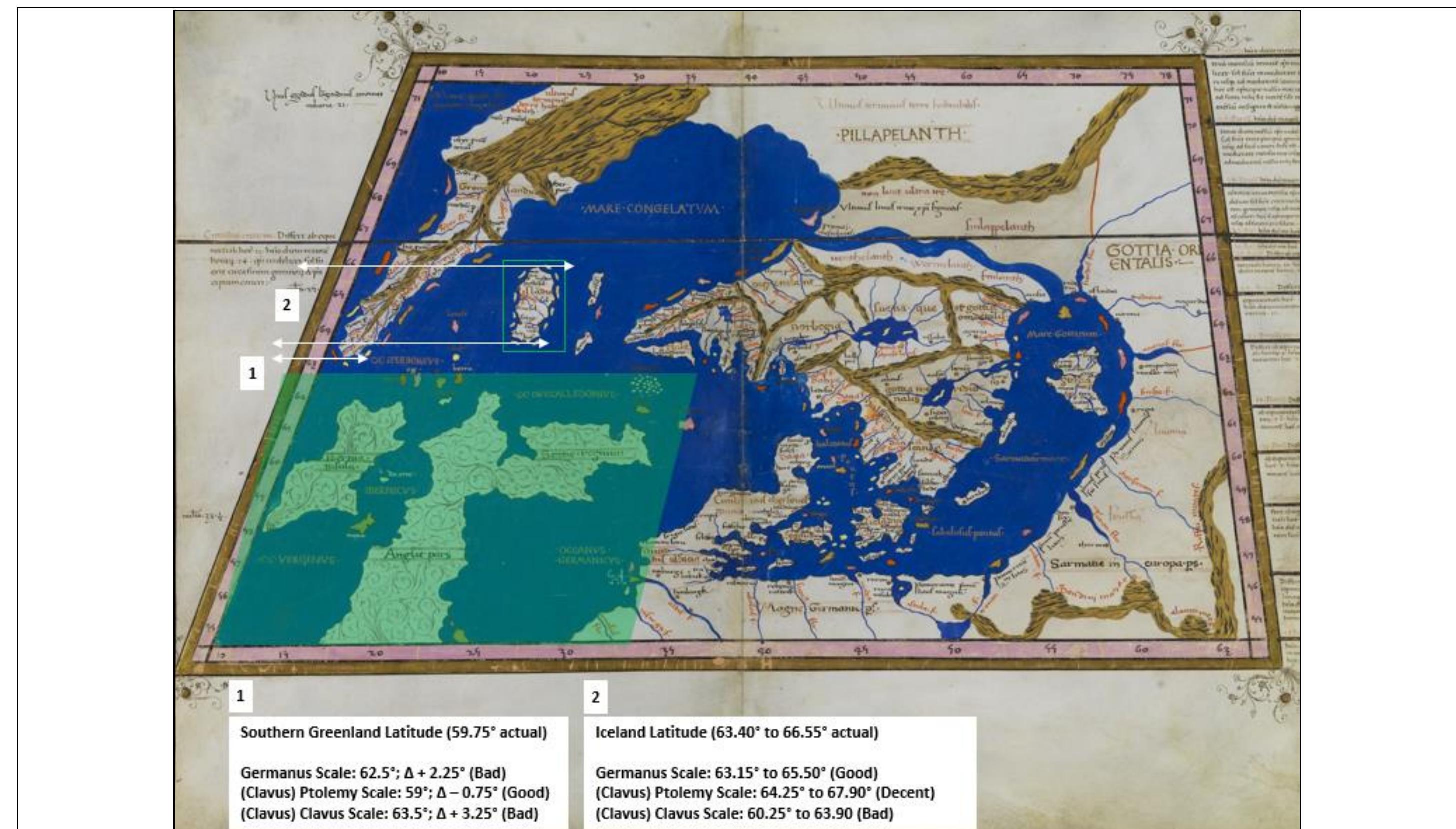Germanus’s Geography became part of the holdings of the Vatican. At some point between 1565 and 1605, the manuscript was gifted to Jan Sariusz (Zamoyski) Zamoiski, who was both the Deputy Chancellor and Chancellor of Poland in that period. The manuscript is commonly referred to as the Zamoiski Codex. The 2“ Map. North (Scandinavia)® is sometimes referenced as the Zamoiski Map. The manuscript is presently held in the collections of the Biblioteka Narodowa in Warsaw, Poland  Figure 43. The a. 1467 2nd Map of the North (Scandinavia) of Nicolaus Germanus (with present author markups). Image source: Biblioteka Narodowa (Warsaw, PL), Rps BOZ https://polona.pl/item/cosmographia-claudii-ptolomaei-alexandrini-mathematicorum-principis-seculo-secundo,NzQ1NjM4N¢/12/#item,  