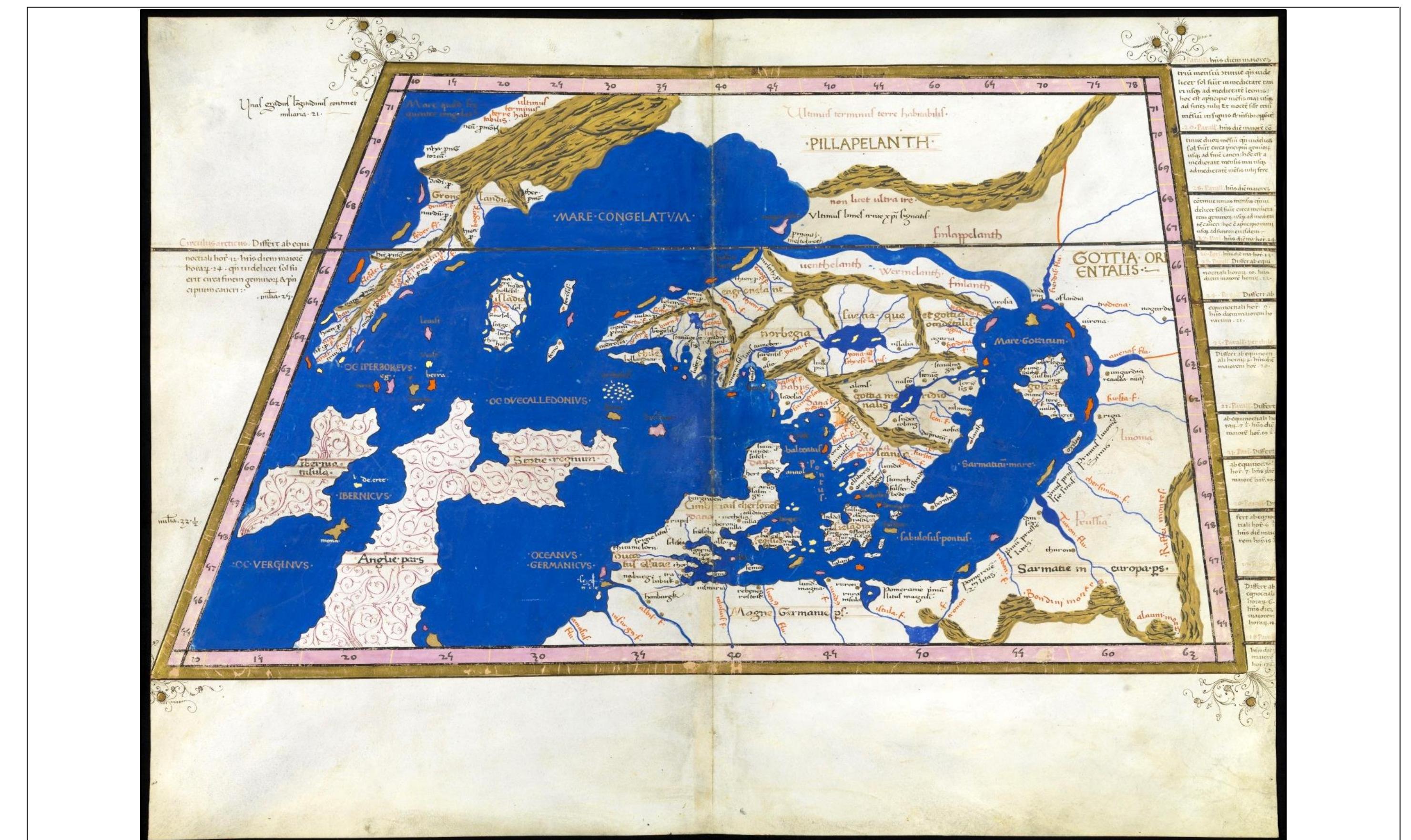 Figure 44. The a. 1467 2nd Map of the North (Scandinavia) of Nicolaus Germanus. The easterm bound of the longitude scale is at 78 units. Image source: Biblioteka Narodowa (Warsaw, PL), Rps BOZ 2, https://polona.pl/item/cosmographia-claudii-ptolomaei-alexandrini-mathematicorum-principis-seculo-secundo,NzQ1NjM4Ng/12/#item.  