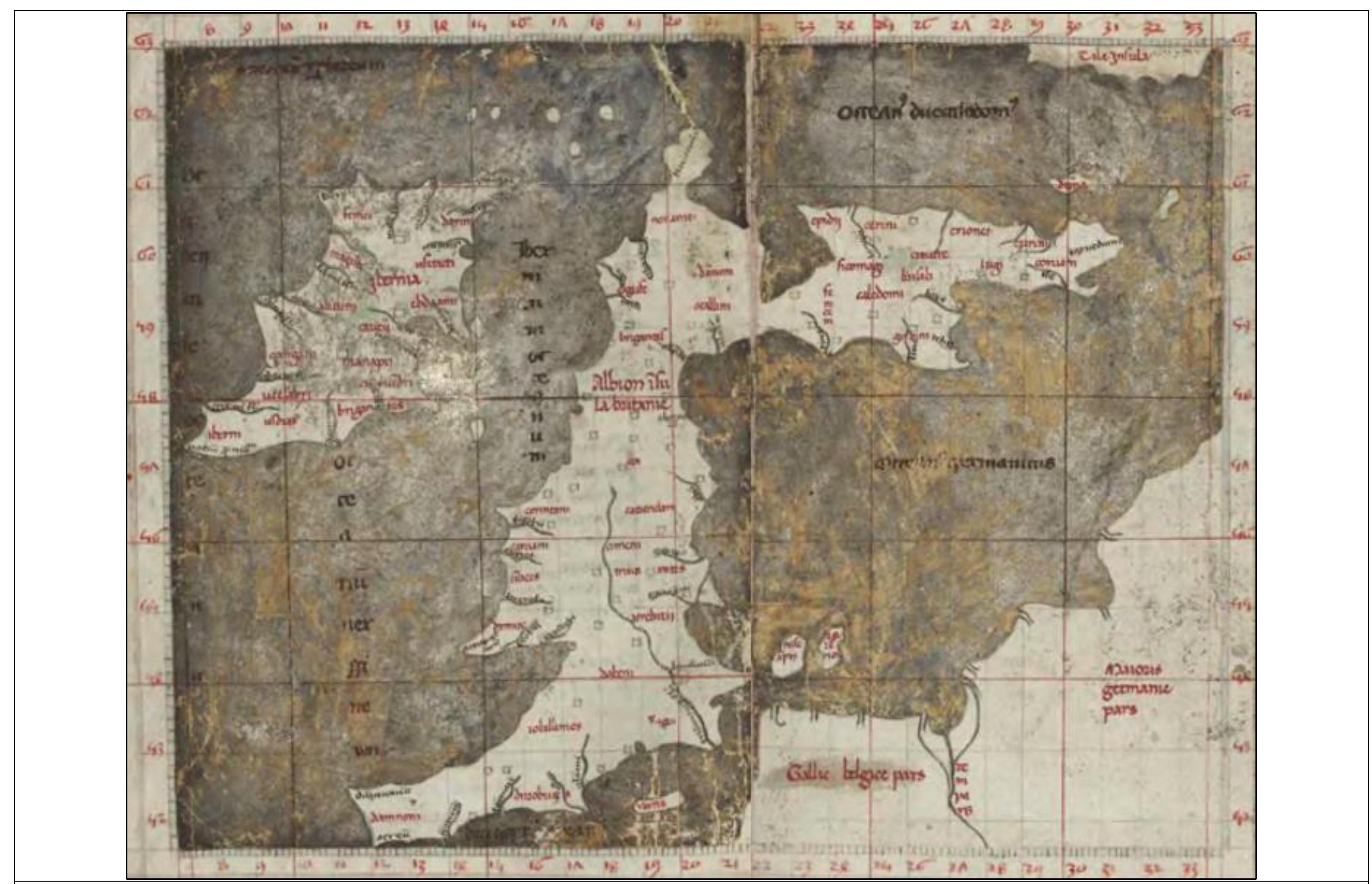 Figure 47. The Hibernia/Albion regional map (ff. 162r/163v) within the 1427 Ptolemy Geography produced in Rome. The easterm bound of the longitude scale is 33°. Image source Bibliothéque de Nancy (Nancy, FR), Ms. 354, Cosmographia versa a Jacobo Angelo Florentino, https://galeries.limedia.fr/ark:/3 1124/d6fppmmxb4n9vptn/p377.  