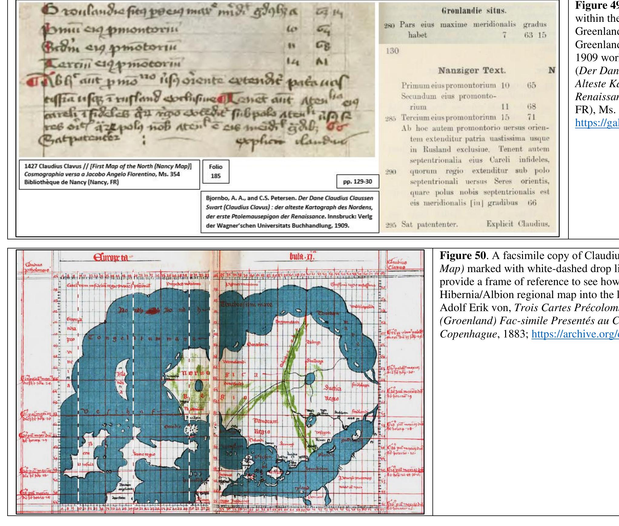 ands. Eric, formerly known as Bogislaw, was chosen by Margaret I as her successor in the hope that he could preserve the unified realm of Norway, Denmark, and weden. King Eric presented a manuscript to Clavus and asked that Clavus preserve the information contained within on a map.”  Clavus drafted his simplified and abbreviated First Map of the North (Nancy Map) for a Geography manuscript being produced for Cardinal Fillastre (c. 1348-1428). scholars place the completion of this specific Geography as 1427 due to this date being written on the back of one of the map folios. The data set for the First Map was om the manuscript presented to Clavus by King Eric in 1424. This manuscript was the Inventio Fortunate.'® 