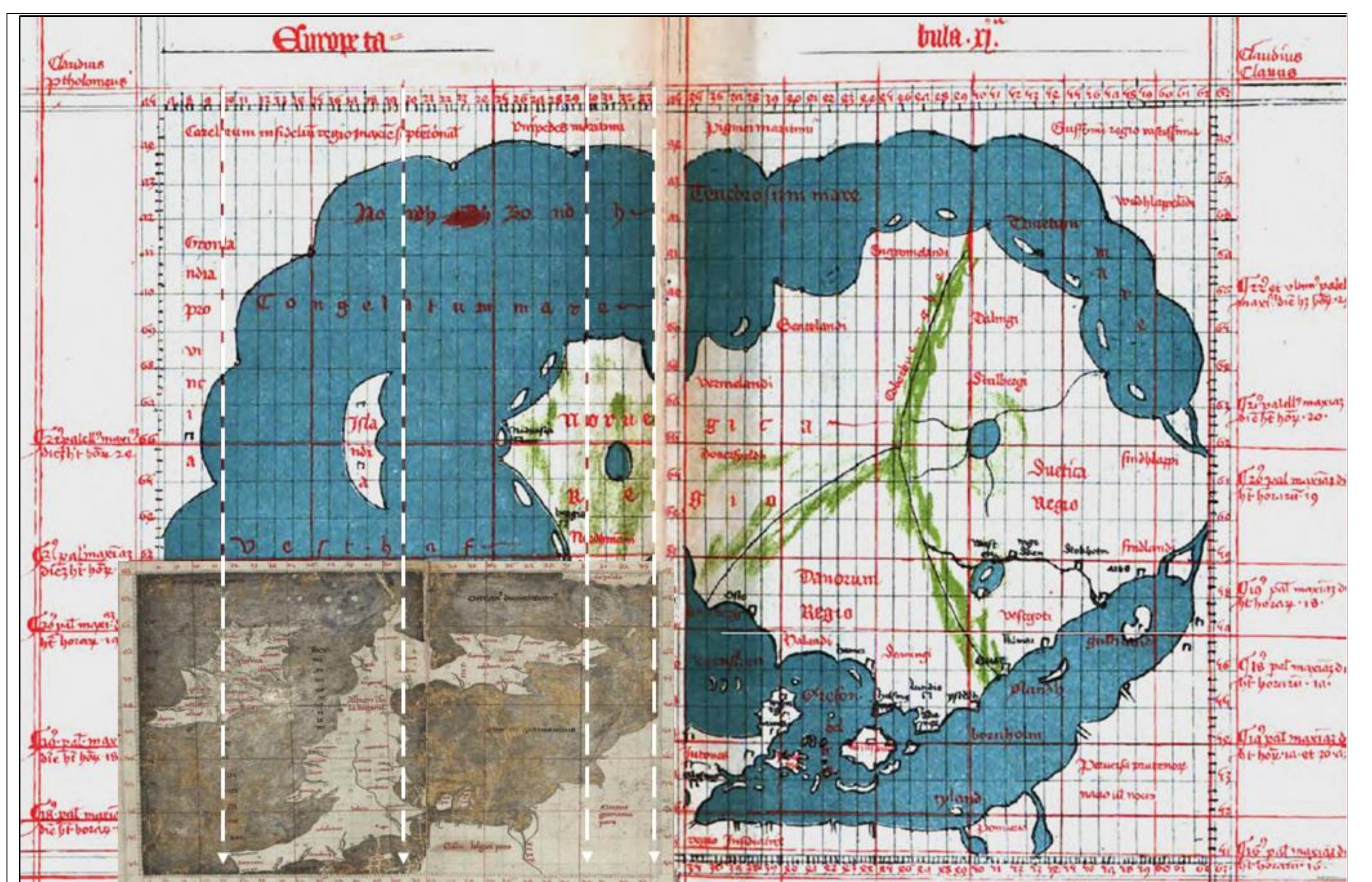 Figure 51. The inset map arrangement that Claudius Clavus used on his 1427 First Map of the North (Nancy Map). The 33" meridian on the longitude scale — applied to the inset map - maintained the degree value measure from Ptolemy/Planudes. The longitude scale values shifted from degrees to a longitude-scale ratio when applied to the expanded framework (western Greenland to the eastern edge of the Baltic Sea) of the map. 