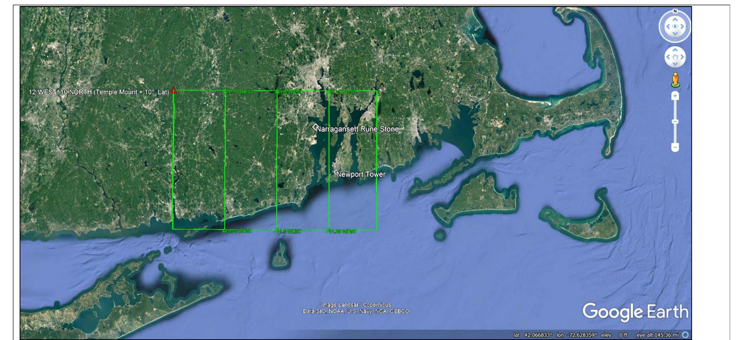 Figure 58. The Spirit Pond Inscription Stone containing the “12 : REISE : VEST : 12 : NOR: 10” describes traveling to Narragansett Bay, the location of the North American Baptiste (Newport Tower) and the NRS rune stone. The longitude value of “12” (degrees) was referenced to the Western Parallel (NF-NS PM). The latitude value of “10” (degrees) was referenc to Jerusalem, the ‘center of the terrestrial world on countless Medieval Era cartographic works. Image source: Google Earth®.   been challenged.  A phrase on Side A of the SPR Inscription Stone, transliterated, reads: “12 : REISE: VEST : 12: NOR: 10.” Translated, this phrase is “12 : traveling/journeying : West : 12: North: 10. The “West 12, North 10” identifies a geographic coordinate. The ordering of the coordinate is longitude, then latitude. This ordering convention arose with the Ancient Greeks and remained in use through the mid-16" century, thereafter the ordering was reversed to the present-day latitude/longitude convention.  Longitude values, without exception, are referenced to a prime meridian (PM). The longitude value in the geographic coordinate (12° W, 10° N) on Side A of the SPR Inscription Stone is referenced to the Western Parallel (NF-NS PM). 