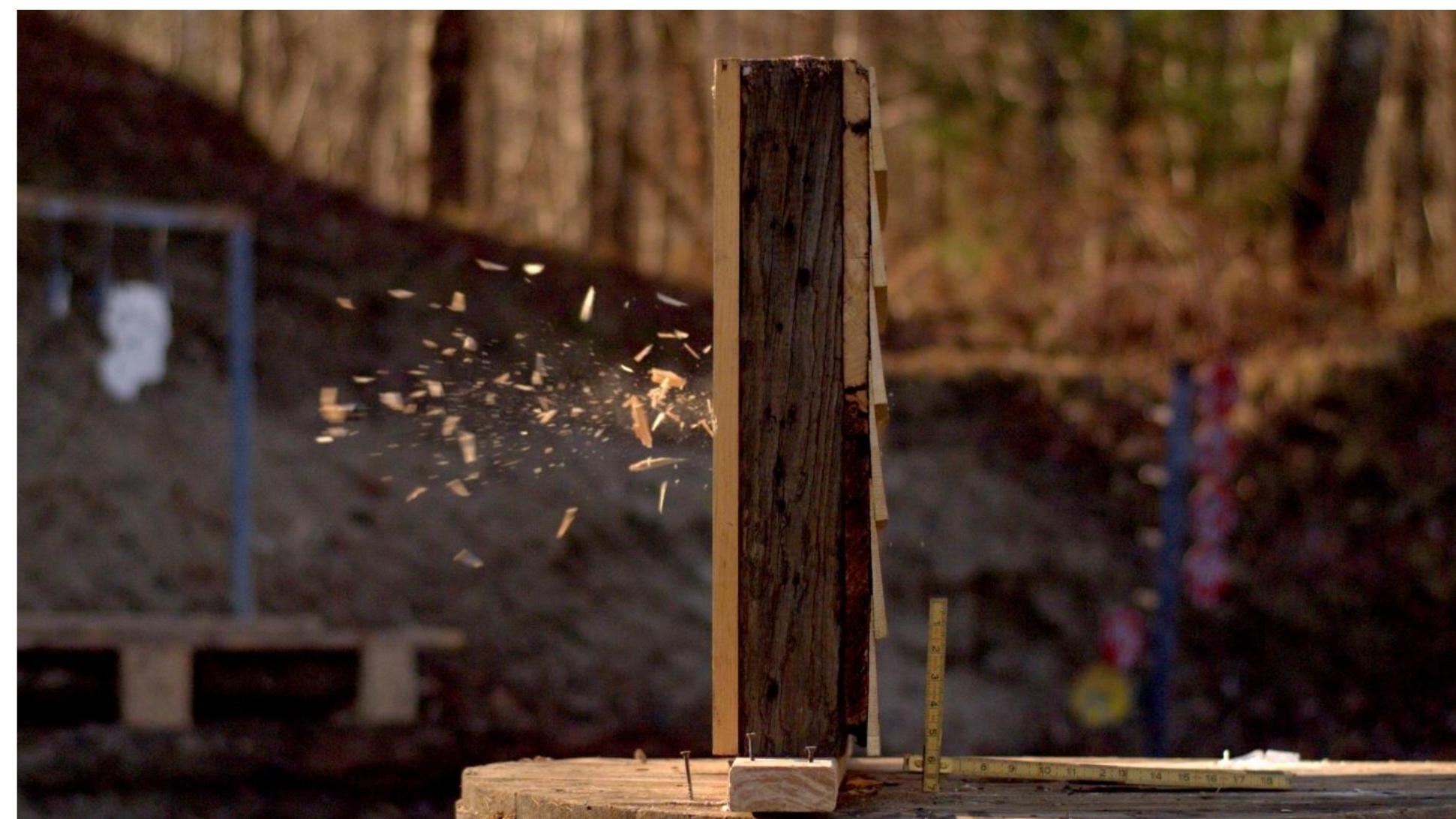 Figure 10. Still frame from the high-speed video showing wood splintering as the ball exits Wall Section 