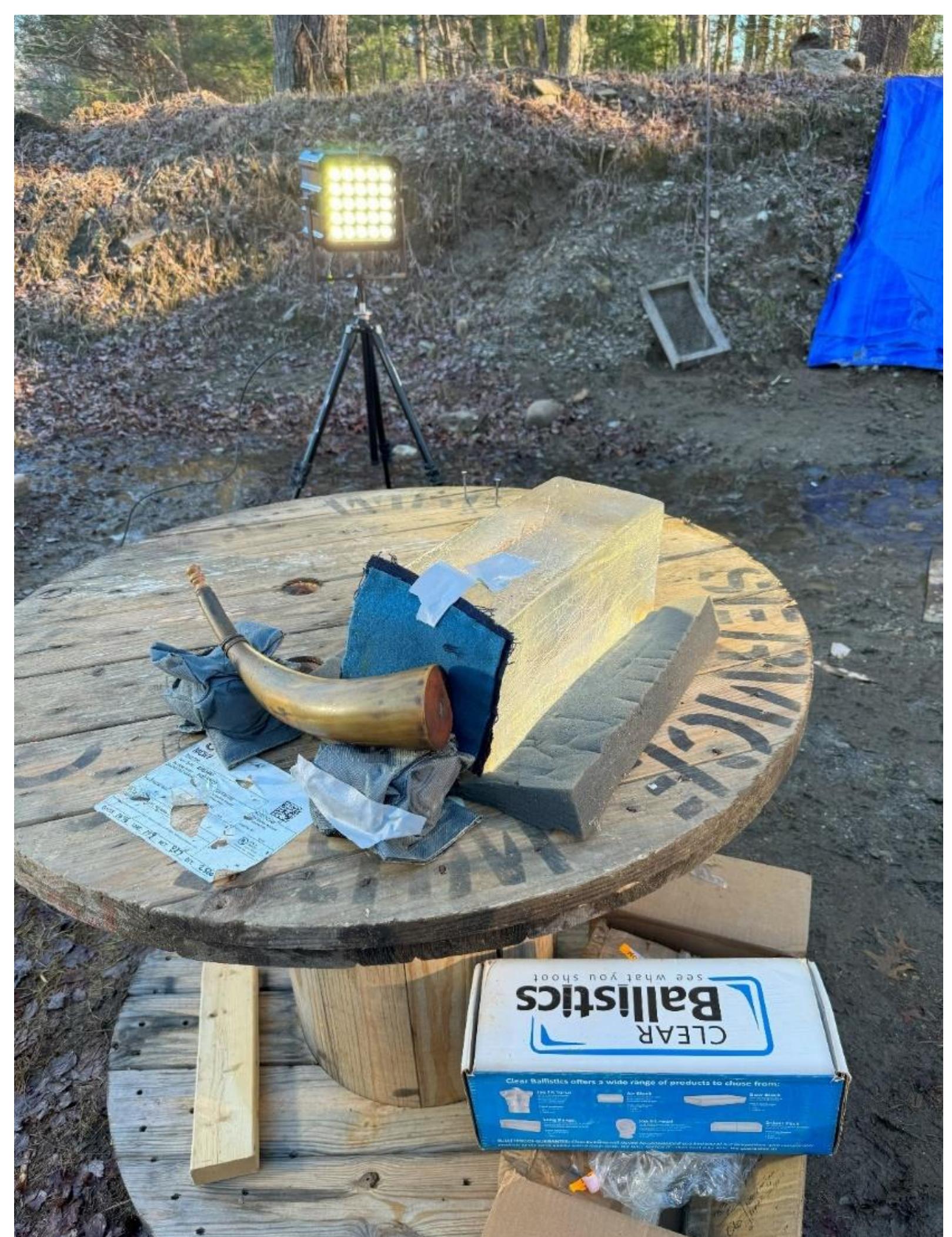 Figure 32. Powder horn 1 ready to shoot. Note the cloth and ballistic gelatin block. 