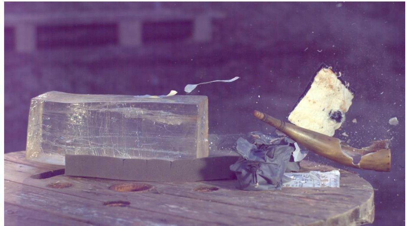 Figure 35. The bullet pieces in the wound track and the shattered horn and cloth being pushed off the platform. 