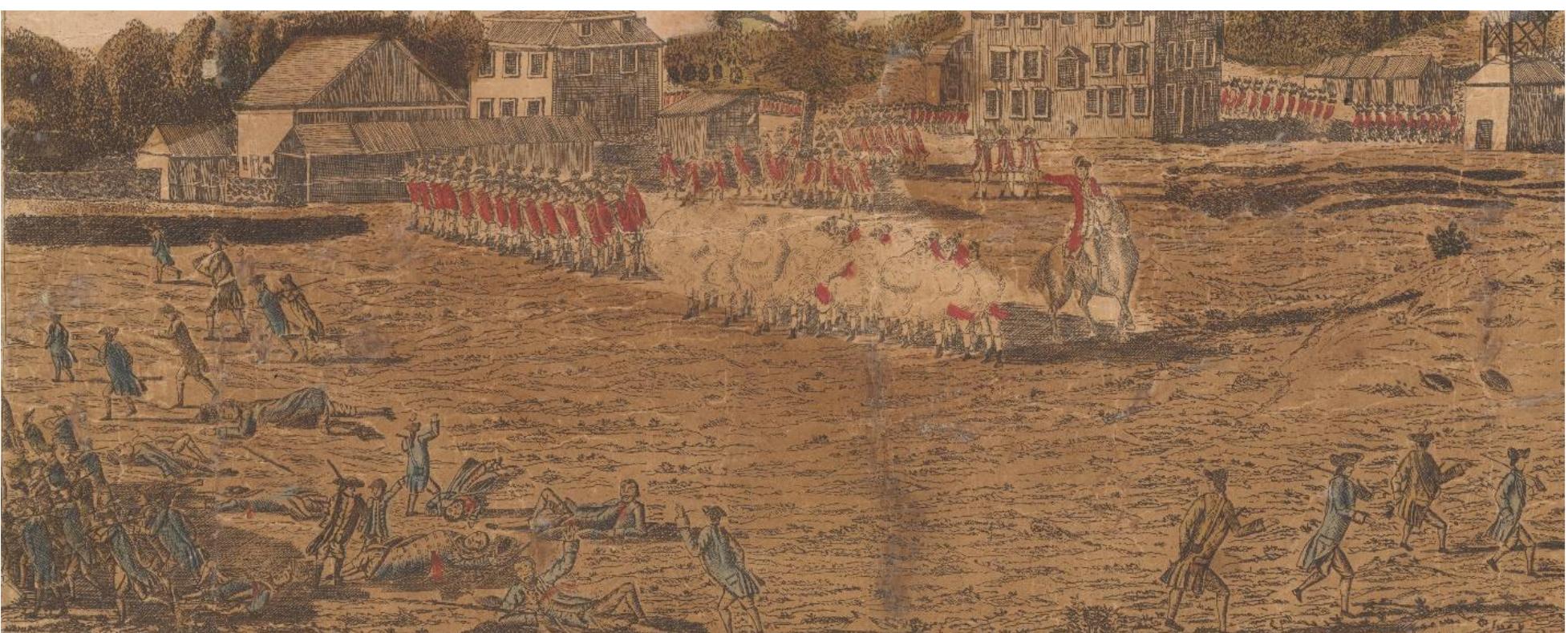 Figure 48. Detail of Amos Doolittle Plate I showing Parker’s militia dispersing while being fired on as they left Lexington Green (NY Public Library, digital collections).  John Robbins Wound Study 