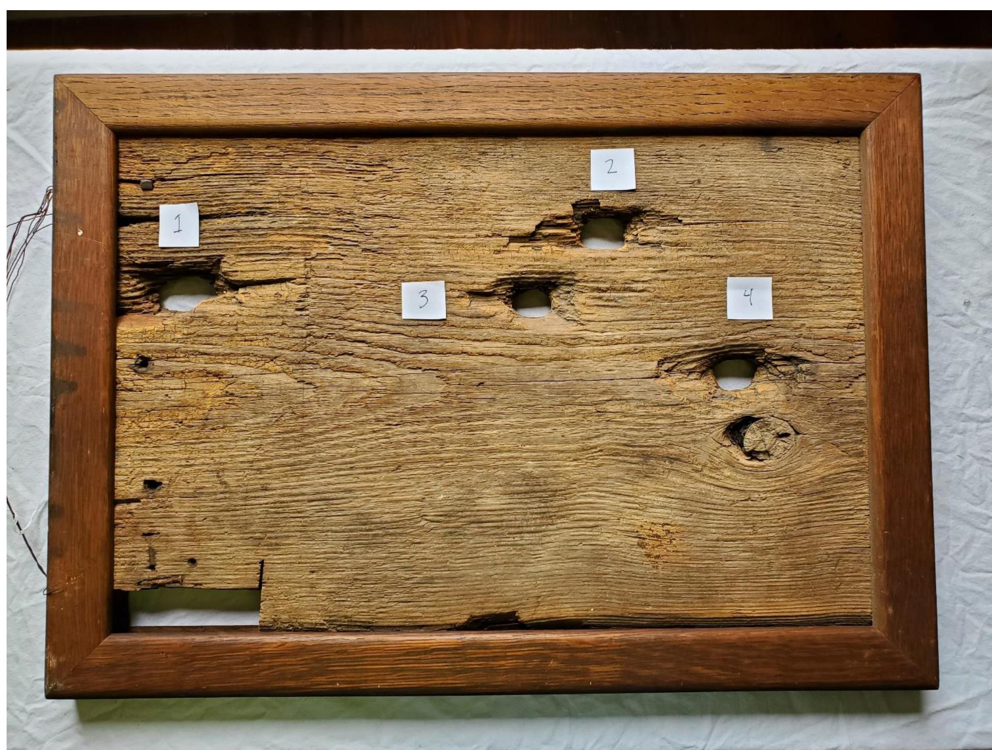 Figure 56. Exit holes in sheathing from a house in Billerica that was shot by attacking Native American watriors in 1695. Billerica Historical Society collection. 