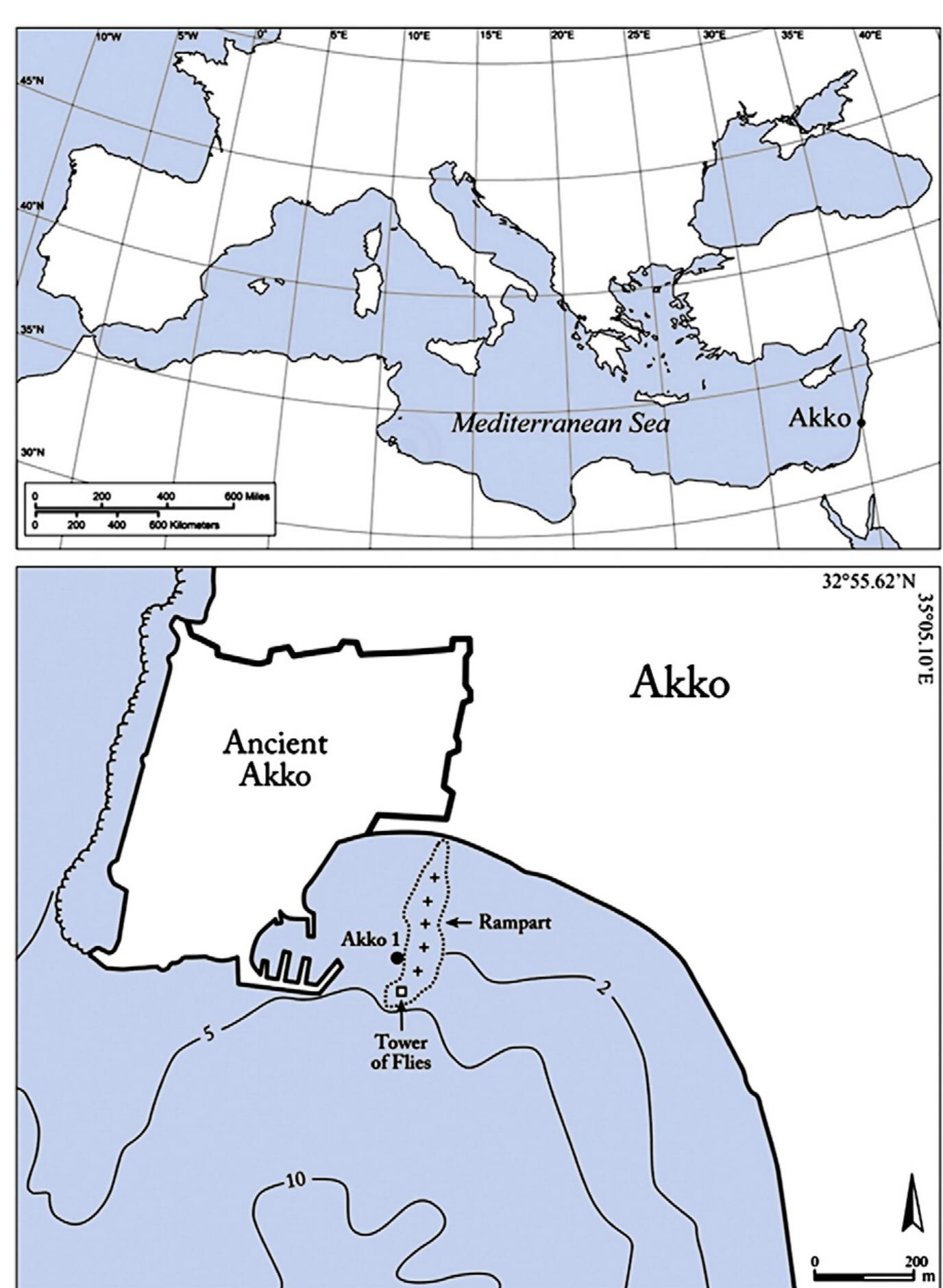 Fig. 1 - Location of Akko and the Akko 1 shipwreck site (drawing: S. Haad and N. Yoselevich).