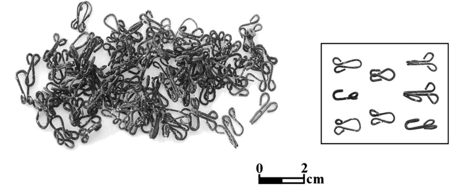Fig. 2 - Typical brass hook-and-eye closures from the Akko 1 shipwreck (photograph: J.J. Gottlieb). 