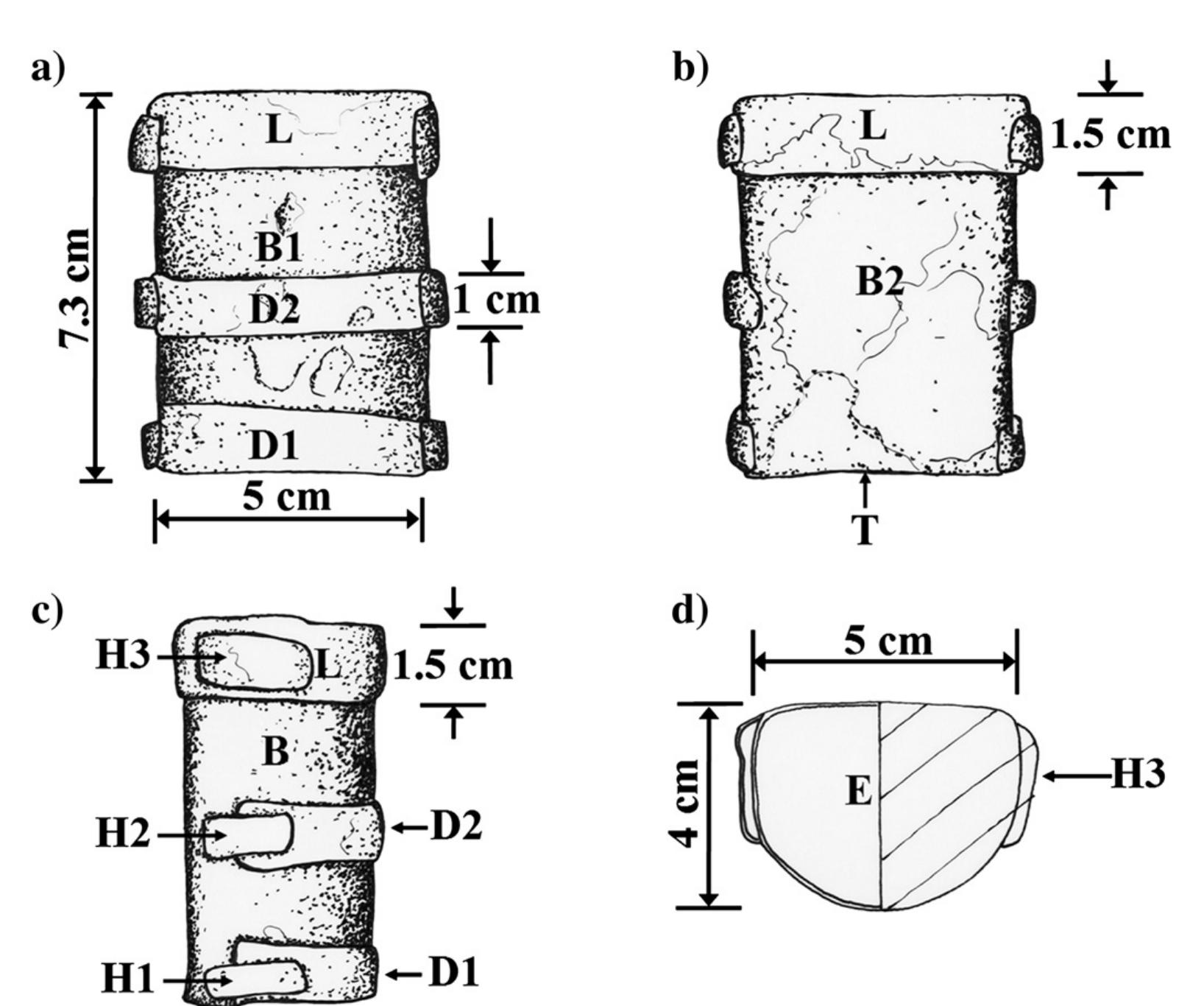 Fig. 8 —- A typical brass case from the Akko 1 shipwreck: (a) front, (b) back, (c) side, and (d) lid (drawing: A. Avshalomov)
