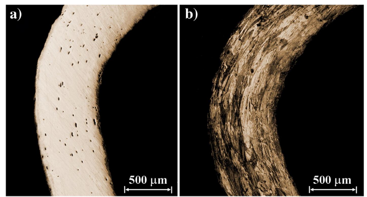 Fig. 12 - Metallographic examination of the brass hook-and-eye closures (sample H8, eye, curved part, L-CS, OM) revealed (a) elongated inclusions oriented in the direction of the cold-working process (before etching), and (b) presence of oriented elongated a-brass grains with slip bands (after etching).  Lead isotope analysis performed on a single brass hook revealed isotope ratios of 7°’Pb/?°°Pb = 0.843 and 7°Pb/?Pb =  2.078 (Fig. 10). In general, the lead isotope interpretation of alloys is not simple, because the lead isotope signature of the 