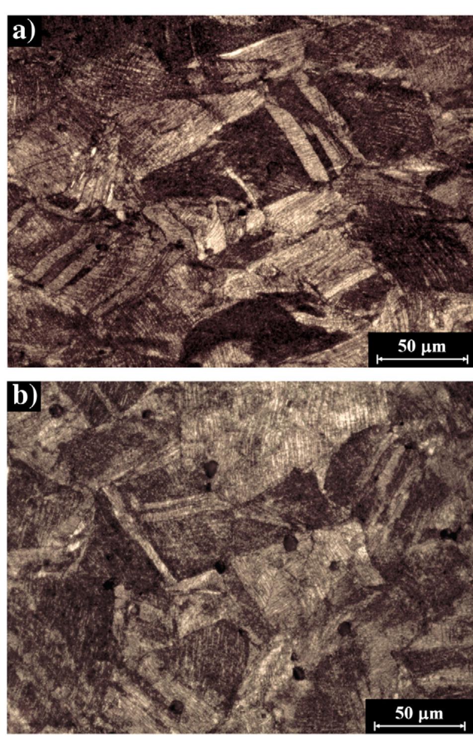 Fig. 15 — Metallographic optical microscopy examination of the brass hook-and-eye closures (T-CS, after etching, hook) revealed equiaxed o-brass grains with: (a) slip bands and twins (sample H12), and (b) slip bands, deformation twins and equiaxed inclusions perpendicular to the direction of the cold-working process (sample H13). 