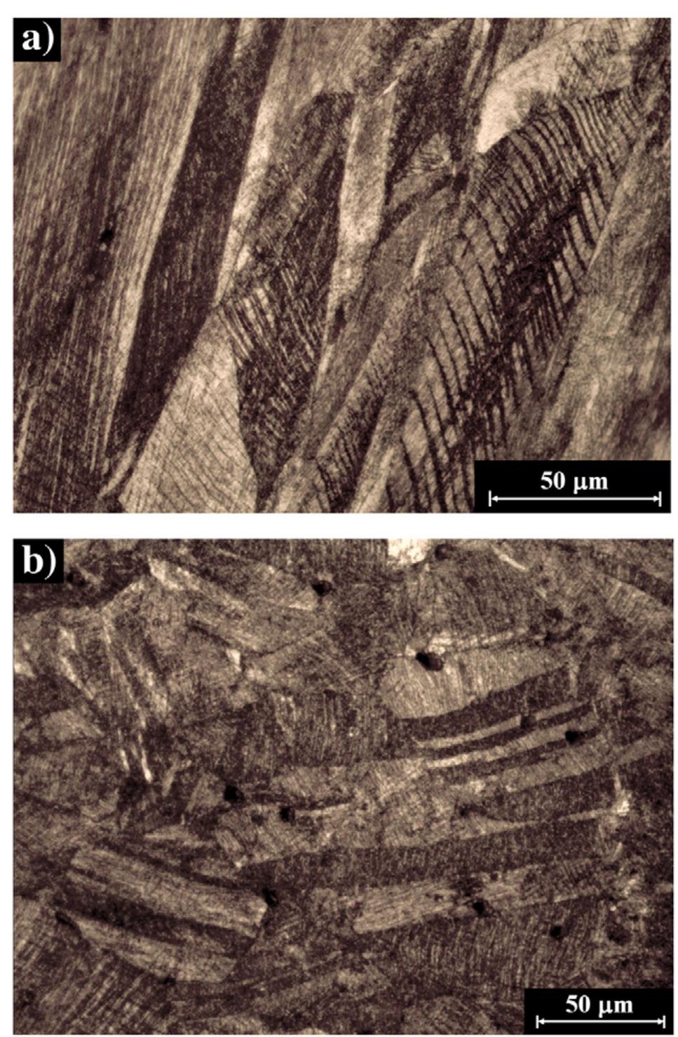 Fig. 16 — Metallographic optical microscopy examination of sample H14 hook-and-eye closure (hook, after etching) revealed: (a) an oriented elongated a-brass grains with slip bands (curved part, L-CS), and (b) equiaxed a-brass grains with slip bands, deformation twins and equiaxed inclusions  (T-cs). 