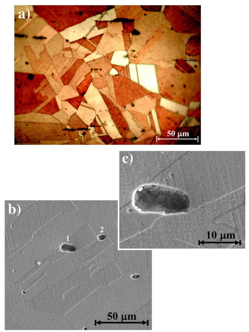 Fig. 19 - Metallographic observation of brass case C (sample C1, P-CS, part B2, central part of the case, after etching), showing: (a) a-brass phase with presence of annealing twins and oriented defects (OM); (b) presence of twins and representative slag inclusions (nos. 1 and 2, SEM image); and (c) higher magnification of slag inclusion no. 1 (SEM). 