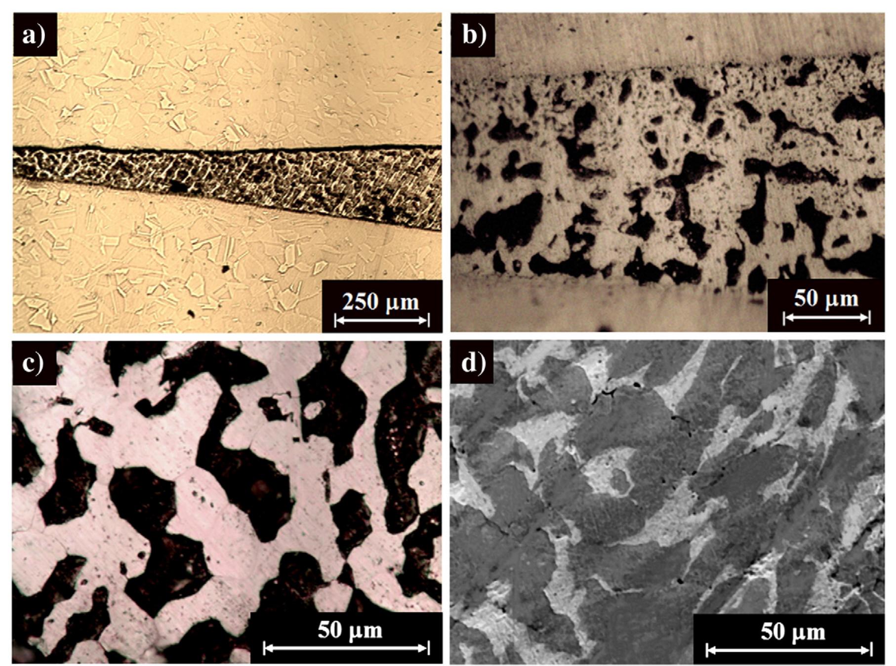 Fig. 20 - The soldering material between two parts of the brass case C (sample C2, part L, L-CS): (a) OM image of the soldering area after polishing with colloidal silica 0.05 4m suspension; (b) higher OM magnification before etching showing bright (Sn according to OM notation) and dark phases (Pb according to OM notation); (c) higher OM magnification after etching reveals Sn grains (with average grain size of 20 4m); and (d) SEM observation reveals Sn (dark phase according to SEM notation) and Pb (bright phase according to SEM notation, opposite to optical microscopy images). 