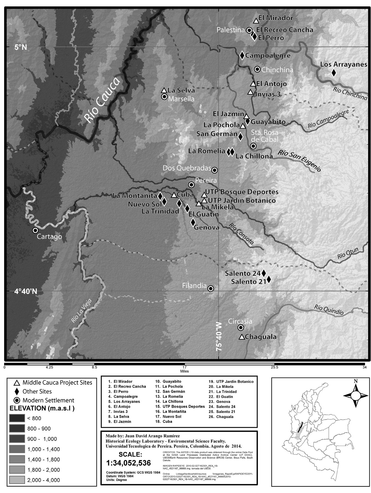 Topographical Map of the Middle Cauca River Valley, Colombia