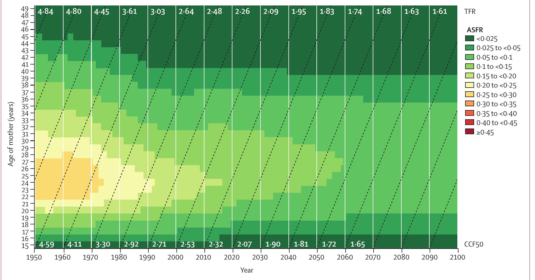 Lexis diagram of ccf50, single-year age interval asfr, and
