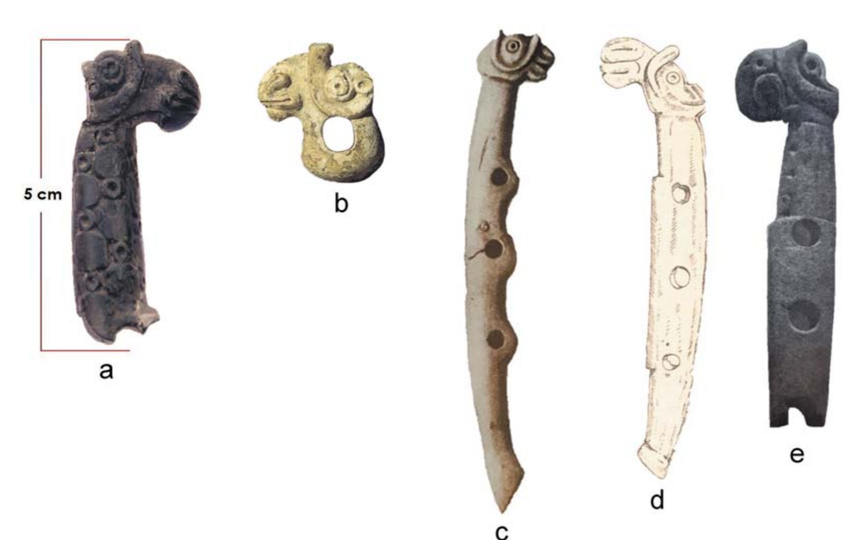 Fig. 3. Pieces of the bone-based ram-headed horse drawgear obtained from the trench of the  Northern Wall of Ayanis Castle and similar examples (a: Ayanis Castle Excavation Archive; b: Verlag 1993, p. 59; c: Grakov 2006, lev. XVII; d: Potratz 1963, p. 45; e: Erzen 1978, lev. XLVHa 1978). 
