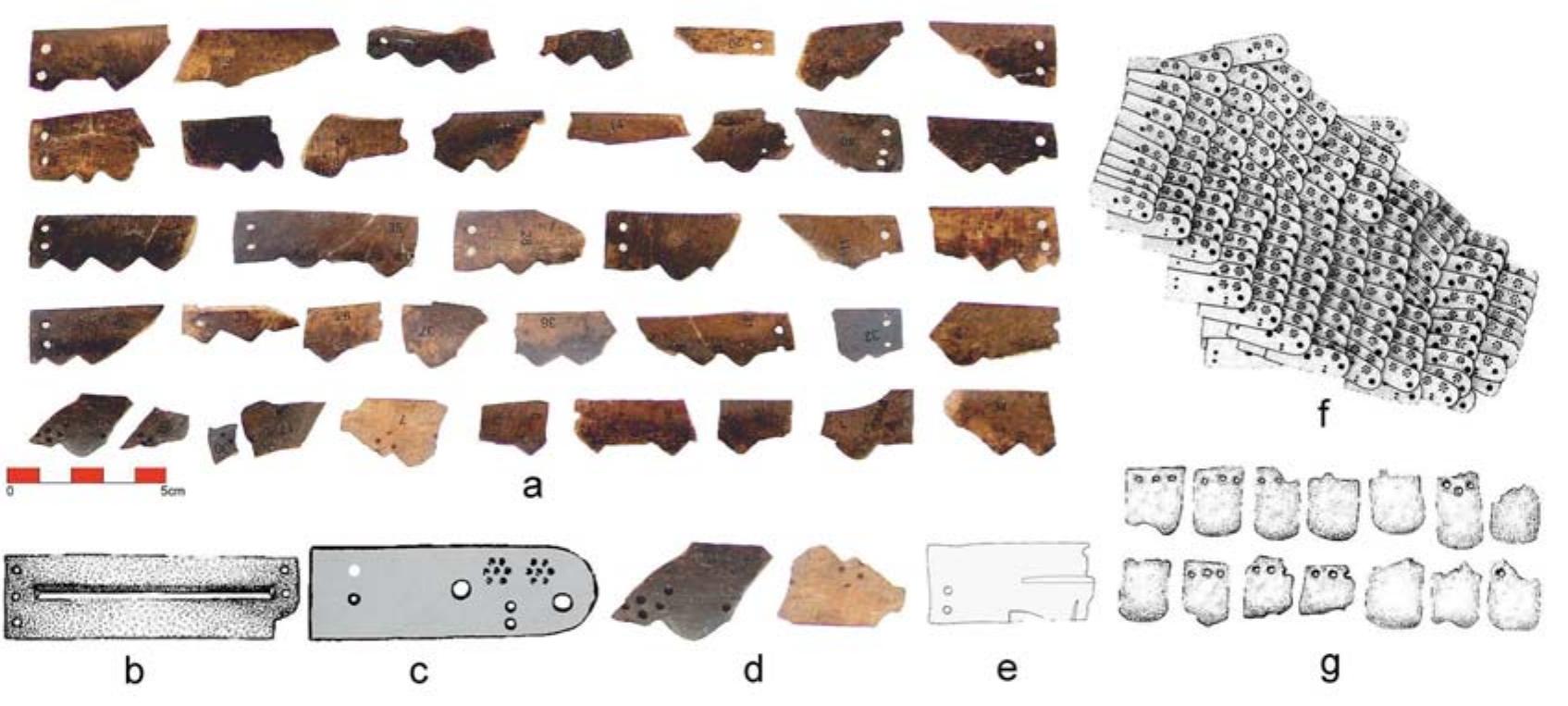 Fig. 6. Pieces of the bone chest-guard obtained from the trench of the Northern Wall of Ayanis Castle and similar armour plate examples (a, d: Ayanis Castle Excavation Archive; b: Barnett and Goékce 1953, lev. 6; c, f: Piotrovsky 1955, p. 31, lev. 21; e: Mehnert 2008, p. 56;  g: Ivantchik and Parzinger 2001, p. 255).  The last artefact found in the trench of the northern wall to have associations with Scyth- ian art is a collection of bone fragments, each with sawtooth edge. When the pieces are assembled, the artefact measures 10 cm in length. Holes are drilled in the top corners ot each piece in order to attach it to fabric or to another piece, and some fragments are engraved with pinpoint decorations, as seen in examples from Karmir Blur (Fig. 6a). Simi- lar examples, but made of bronze, have been identified from Scythian cairns,*® at Altintepe* and at Karmir Blur“? (Fig. 6b—d), and are interpreted as pieces of armour plate. While the pieces collected from Ayanis Castle typologically have characteristics identical to the bronze examples, these bone fragments must have been used as decorative elements for the breast-  plates of the horses.*!  The last artefact found in the trench of the northern wall to have associations with Scyth- 