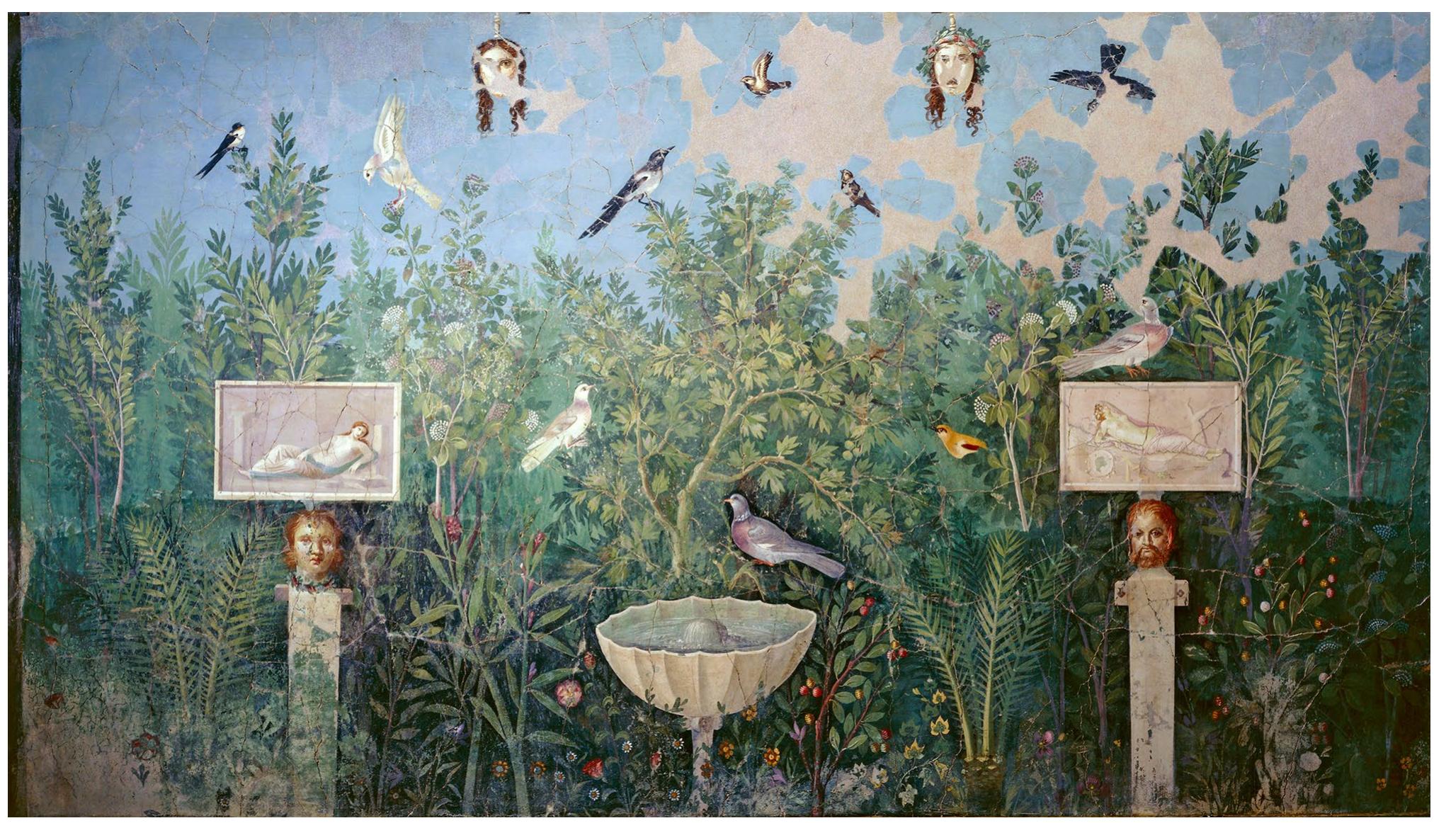 Fig. 2 Garden painting from the House of the Golden Bracelet, Pompeii, east wall. Museo Archeologico Nazionale, Naples, Campania, Italy; De Agostini Picture Library, L. Pedicini, Bridgeman Images 