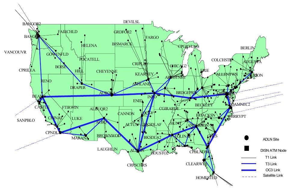 Figure 3: ADLN Interconnected by ATM Networks  To incorporate the ATM/SONET technology, DoD  has embarked on building a worldwide communica-tions network architecture that meets all ADLN demands. The  planned ADLN network is illustrated by Figure 3. T  his  network will interconnect end users to ATM nodes,  routers, Web stations, power hubs, and ATM/SON  ET  switches. The network contains links of up to OC12 rate  and proves significant economies of scale not only consolidating all heterogeneous network services, but a for supporting the high data traffic volume expected of ever-growing requirements for ADLN services.  for SO  he 