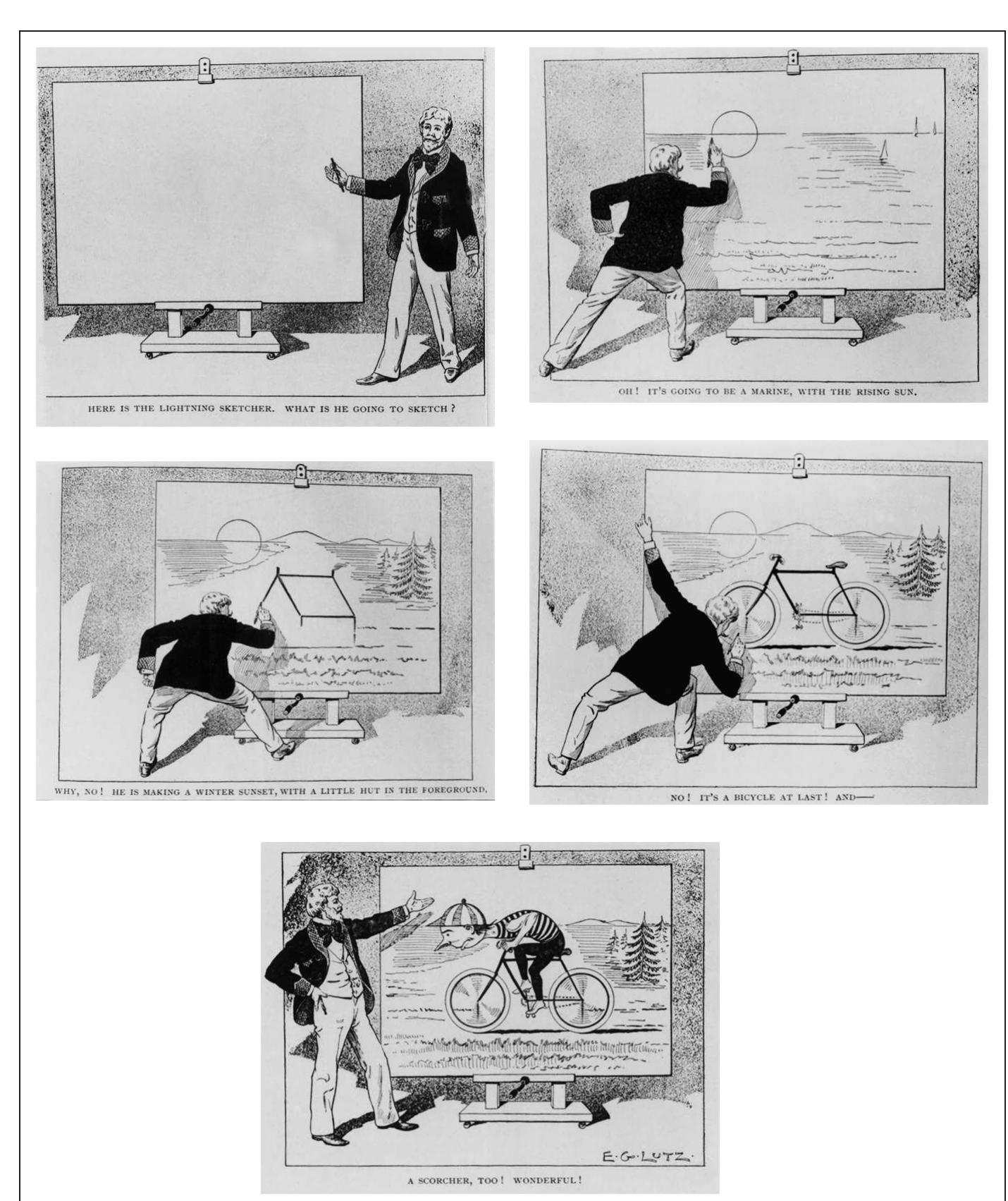 FIGURE 1.1: Edwin G. Lutz, The Lightning Sketcher, Life (April 15, 1897).  the single most important convention of drawn animation; it starts with this prac- tice in lightning sketches. Third, the stage presence of the lightning sketcher translated into early animation as the convention of self-figuration: over and over again in animation, we find “the hand of the artist,” as Donald Crafton calls this familiar iconography.® That is, in early animation, it is common to see the anima- tor begin to draw the figures before the figures come to life. The lightning sketch, Crafton claims, was “the mechanism by which self-figuration first occurred.”’ Fourth, early animators often adopted the conventions of the stage in other ways,  Fourth, early animators often adopted the conventions of the stage in other ways, 