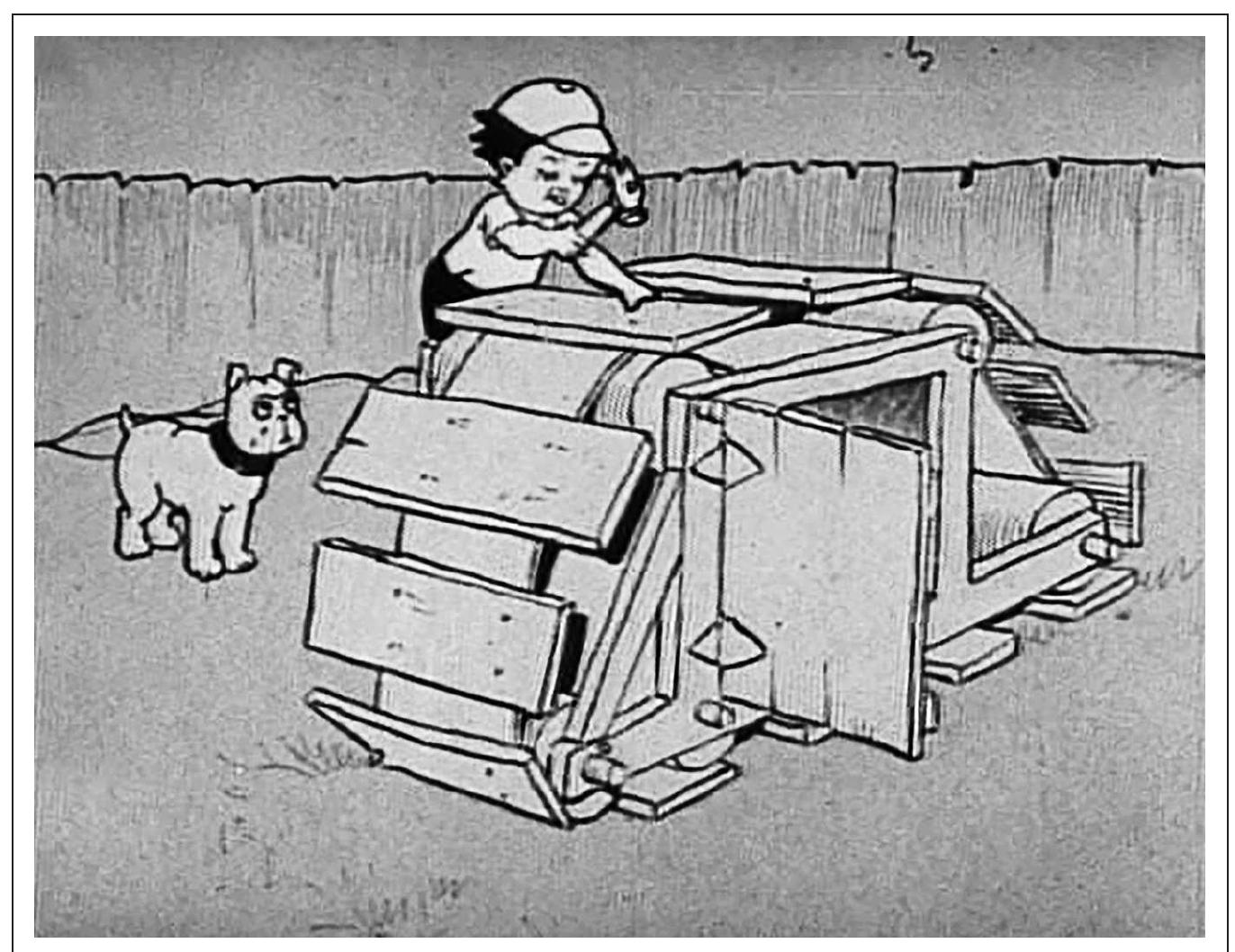 Transparency is celluloid’s primary advantage; it allows animators to sepa- rate the image into component layers, use and reuse these layers in various com- binations for each exposure, and thereby eliminate the need to redraw elements of the image that stay the same from frame to frame. In cel animation, animators decide which elements of the image will receive their own transparent layer. The- oretically, there could be as many cels as image elements, but practically the ani- mators were limited to one, two, or at most three cels; otherwise, the thickness of the celluloid discolored in the image. (We can see this effect in many early car- toons, such as Bray Studio’s Tanks [1917], in which the moving elements are con- siderably lighter than the rest of the image [fig. 1.5].) Animators usually separated background from foreground; they would draw the foreground—the characters, for example—on paper and then draw the background on a celluloid layer and then lay it over the paper drawing. They could also draw the background on paper and overlay the action on celluloid, which was to become the most common practice.  