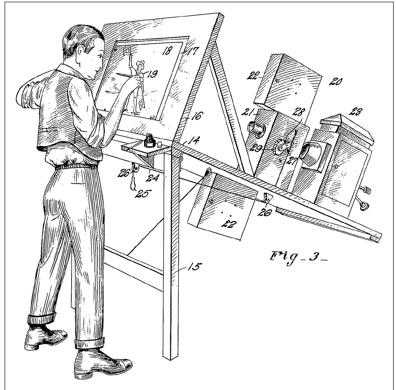FIGURE 1.7: Fleischer’s rotoscope device, as illustrated in his 1915 patent application. 