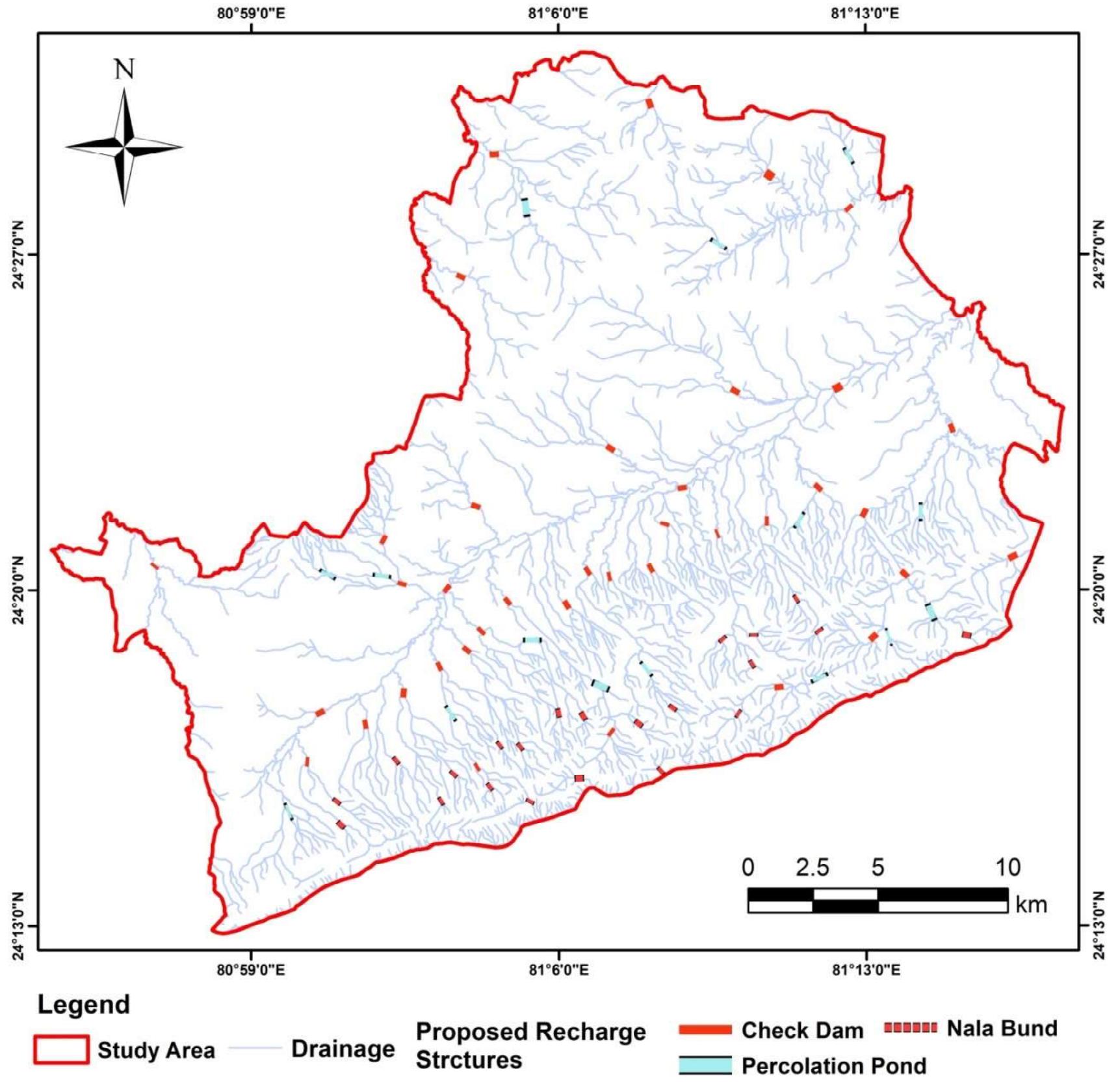 Suggested artificial recharge structures map of the study