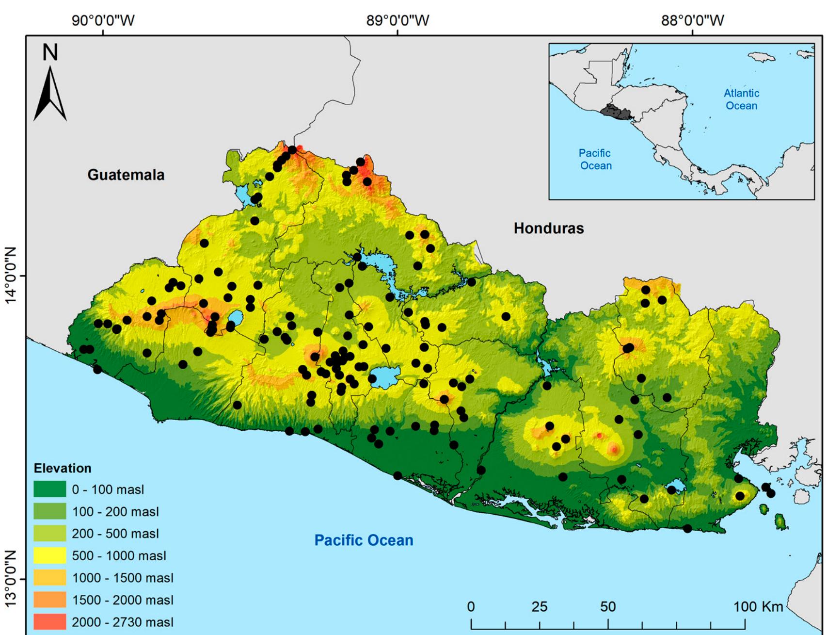 Figure 1. Location of El Salvador in Central America, topographic map of the country showing departmental borders and collecting sites in El Salvador cited in this work. 