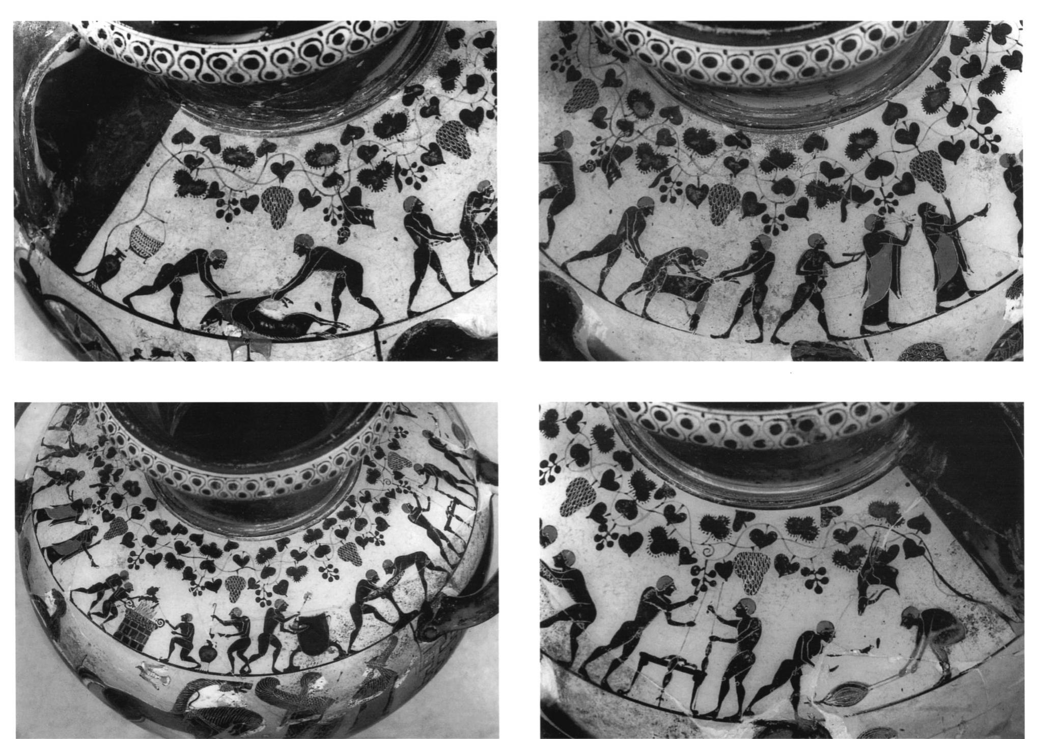 Even the way in which meat was prepared was important, roasting being often considered the  “proper” technique for both sacrificial and profane meals that had social re  evance. For example,  archaeological evidence underlines the central role played by meat roasting within the socially-dif- ferentiating feasts of the Late Bronze Age and Early Iron Age in the eastern Mediterranean basin*.  Likewise, Homer (Od. 14.427-41 and 17.331-32) details the manner in which meat was roasted on spits and then divided by the carver (daitros) among participants according to very precise rules  that took into consideration their social status and prestige’. Plato (Rep. 5.4 that offering the best meat cuts was a proper way to honour someone’s good  68d-e) also mentions deeds, though he was  nevertheless referring to men only. It is worth noting that in highly hierarchic societies, like the earlier Mycenaean or the later Macedonian ones, the hunting of large and/or fierce wild animals was a privilege of the elites, who use it to underline their warlike prowess and social status, sometimes being also a rite of passage for their male youth’. Outdoor meat roasting following the hunt was not only defining a particular weapon-bearing identity, but was also meant to enable and maintain male  bonding over a shared set of values and desirable pursuits.  Figure 1. The upper register of the Ricci hydria (after Cerchiai 1995) 