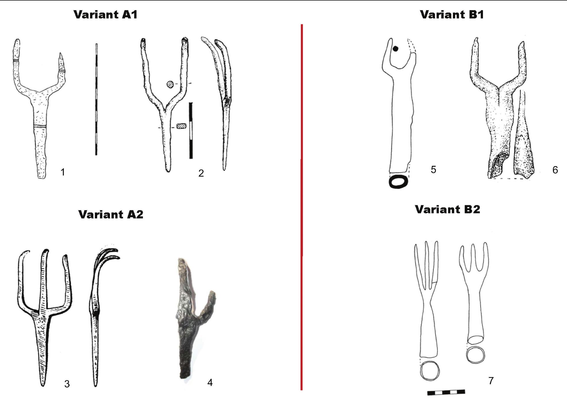 Figure 6. Iron forks belonging to type 1: 1 - Arpasu de Sus (after Macrea, Glodariu 1976); 2 - Pietroasa Mica-Gruiu Darii (after Sirbu et al. 2005); 3 - Ocnita (after Berciu 1981); 4 - Ardeu-Cetatuie (photo I. V. Ferencz); 5 - Brad (after Ursachi 1995); 6 —- Poiana (Vulpe, Vulpe 1932); 7 - Sighisoara-Wietenberg (after Rustoiu 1997) 