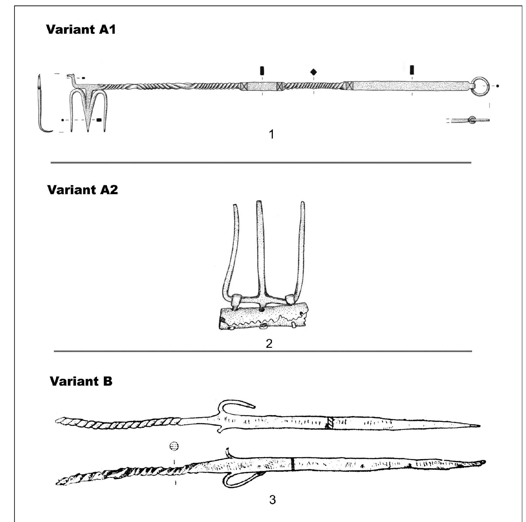Figure 7. Iron flesh-hooks belonging to type 2, variants Al-2 and B: 1 - MuSov (after Feugere 2002); 2 - Lozna (after Teodor 1980); 3 - Capalna (after Glodariu, Moga 1989) 