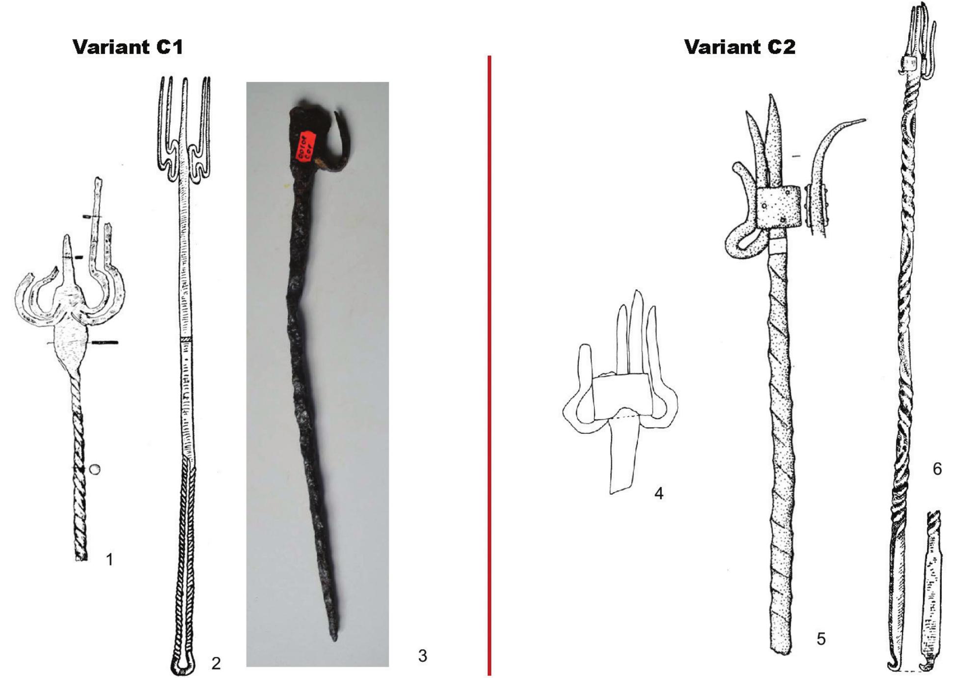 Figure 8. Iron flesh-hooks belonging to type 2, variants C1-2: 1 - Strambu (after Crisan 1965); 2 — Piatra Rosie (after Glodariu, Iaroslavschi 1979); 3 - Sarmizegetusa area (photo I. V. Ferencz); 4 —- Sighisoara-Wietenberg (after Rustoiu 1997); 5 — Poiana (after Vulpe, Teodor 20083); 6 - Racatau (after Glodariu, Iaroslavschi 1979)  = “~  Lastly variant C of type 2, which includes flesh-hooks with five tines, has two sub-variants which are defined by different means of attaching the tines to the handle. In the case of sub-variant C1, two U-shaped pairs of tines were soldered to the pointed end of the handle which formed the cen- tral tine (Fig. 8/1-3). Six examples are known, one from Poiana’ on the Siret valley and five from Transylvanian sites (two from Piatra Rosie** and one each from Sighisoara-Wietenberg”, Meresti®° and the Sarmizegetusa area®*!). In the case of variant C2, the two pairs of U-shaped tines flanking the central tine were attached with a rectangular clasp made of iron sheet (Fig. 8/4-6). Six examples are know, one each from Poiana*’ and Racatau* on the Siret valley, one from Ocnita®™ to the south  