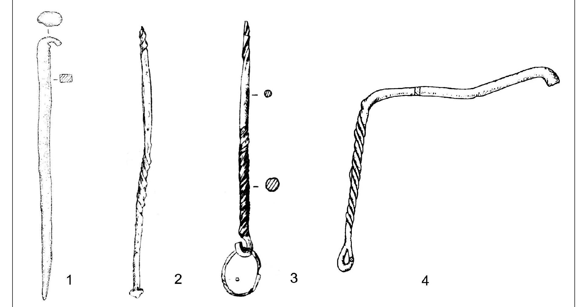 Figure 9. Iron skewers or roasting spits: 1 - Pietroasa Mica-Gruiu Darii (after Sirbu et al. 2005); 2-3 - Capalna (after Glodariu, Moga 1989); 4 - Jigodin I (after Crisan 2000)  Besides these forks and flesh-hooks, iron skewers or roasting spits, gridirons and firedogs are other categories of metal utensils commonly associated with meat cooking. However, in each case the total number of finds from pre-Roman Dacia is small. Aside from the two aforementioned pos- sible examples from Capalna, only four other iron skewers or roasting spits (Fig. 9) were surely identified at Pietroasa Mica-Gruiu Darii® outside the Carpathians range, and Capalna® (though one could also be the fragmentary handle of a flesh-hook) and Jigodin I®* in south-western and respec- 