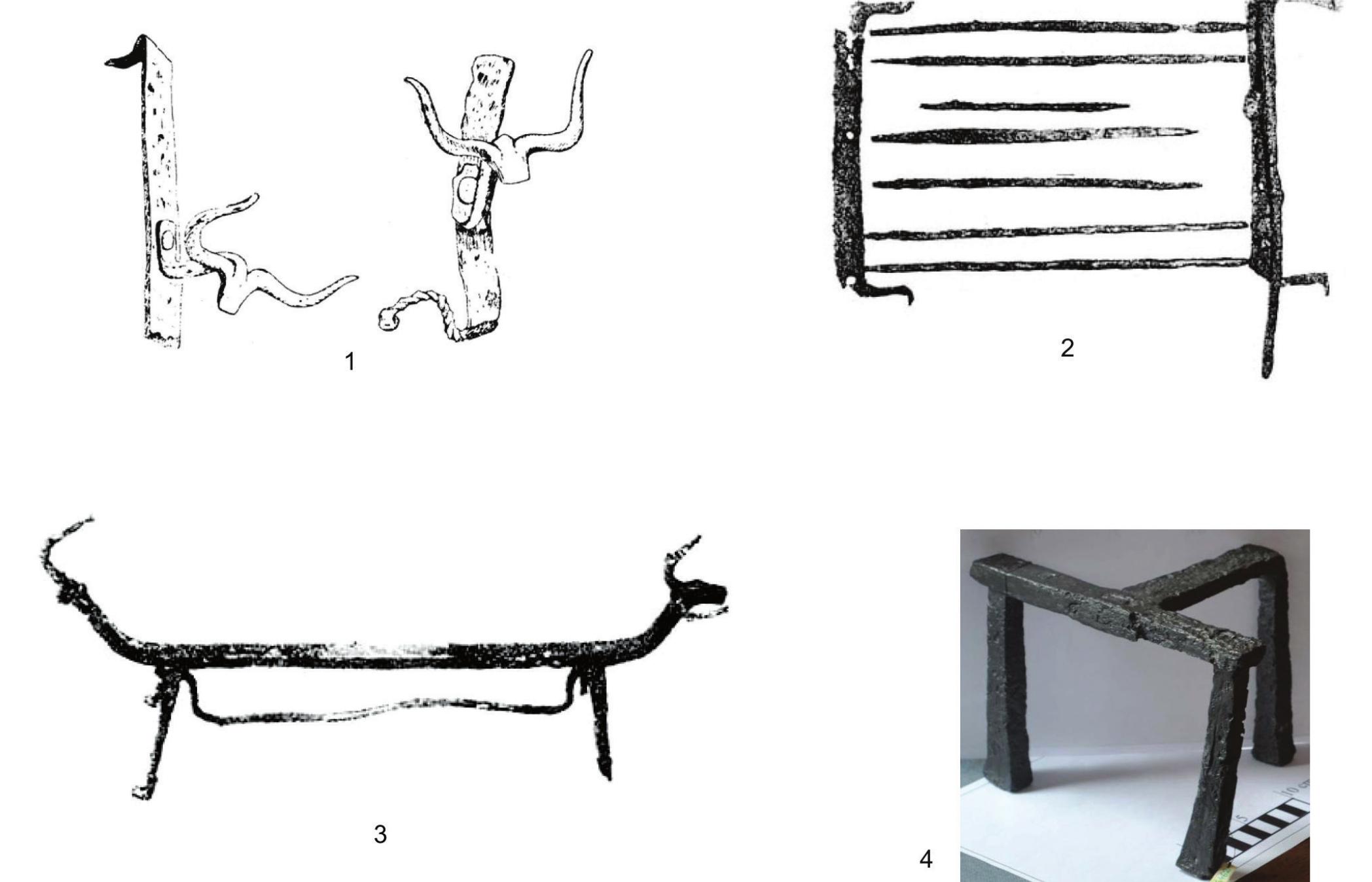 Figure 10. Iron firedogs and gridirons: 1 - Tilisca (after Lupu 1989); 2-3 - Ocnitz (after Berciu 1981); 4 - Sarmizegetusa (photo I. V. Ferencz)  Iron gridirons are also scarce finds in pre-Roman Dacia, with only two identified examples. The one from Ocnita, which was discovered together with its firedogs (Figs. 10/2-3 and 11)®, is nearly complete and is quite similar to the Roman portable one known as craticula, which was also used during the Late Iron Age in temperate Europe®. Just like in the case of skewers or roasting spits, iron gridirons are sometimes difficult to identify if only fragments are preserved. 