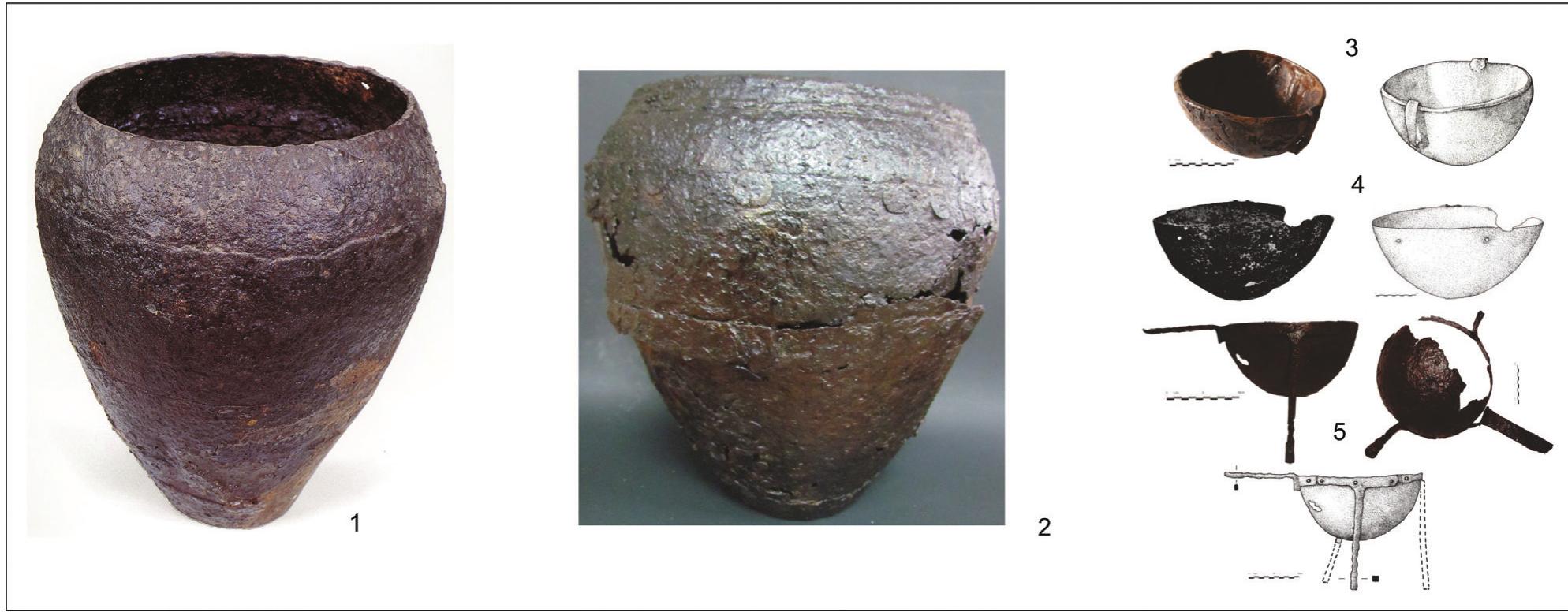 Figure 12. Iron vessels: 1-2 — Sarmizegetusa (1 - after I Daci 1997; 2 - photo I. V. Ferencz); 3 - Costesti-Cetatuie; 4 —- Piatra Craivii; 5 - Gusterita (all after Borangic, Badescu 2021) 