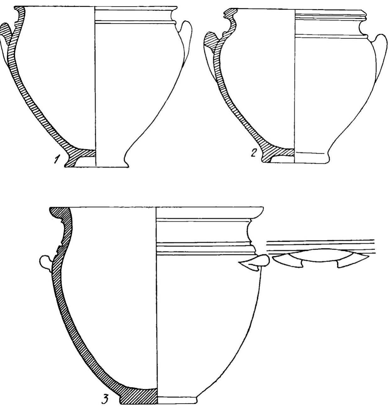 Both were made of iron sheets assembled with rivets; their shape resembles similar large ceramic vessels which were mostly discovered in the area of Sarmizegetusa’”*. Other smaller iron vessels that could have potentially been used for cooking are also attested, for example the shallow hemispheri- cal basins from Costesti-Cetatuie, Piatra Craivii and Gusterita” in south-western and respectively southern Transylvania (Fig. 12/3-5). The latter one still preserves some of the tripod which most likely supported it on a fireplace. Unfortunately all of these vessels are poorly preserved and some were already restored, so any potential traces of systematic contact with the fire are lost.  On the other hand, large ceramic pots could have also been used to cook large quantities of meat required for a collective feast, and besides the aforementioned vessel from Rudele neat Sarmizegetusa, there are many other similar discoveries, including those that are considered imita- tions of the so-called Greek bell krater and are dated to the 1“ century AD, being considered stor- age vessels (Fig. 13)”°. However, the bell krater fell out of use by the Late Hellenistic period in the eastern Mediterranean basin’’, so the prototype should be sought elsewhere, more precisely in the Celtic environment from northern Italy, where grey, often burnished, bucket-shaped ceramic ves- sels with two raised horizontal handles, rounded thick and slightly reverted rims, thick walls and ring-shaped bases were used from the end of the LT C until the Augustan period”’. This is not the only northern Italic form that influenced the ceramic production at Sarmizegetusa, where certain types of fine tableware were also adopted and adapted most likely under the influence of foreign pot- ters’’. The Italic grey bucket-shaped vessels with a wide mouth fulfilled different functions, includ- ing cooking, mixing and storage, being also used as urns in burials.  
