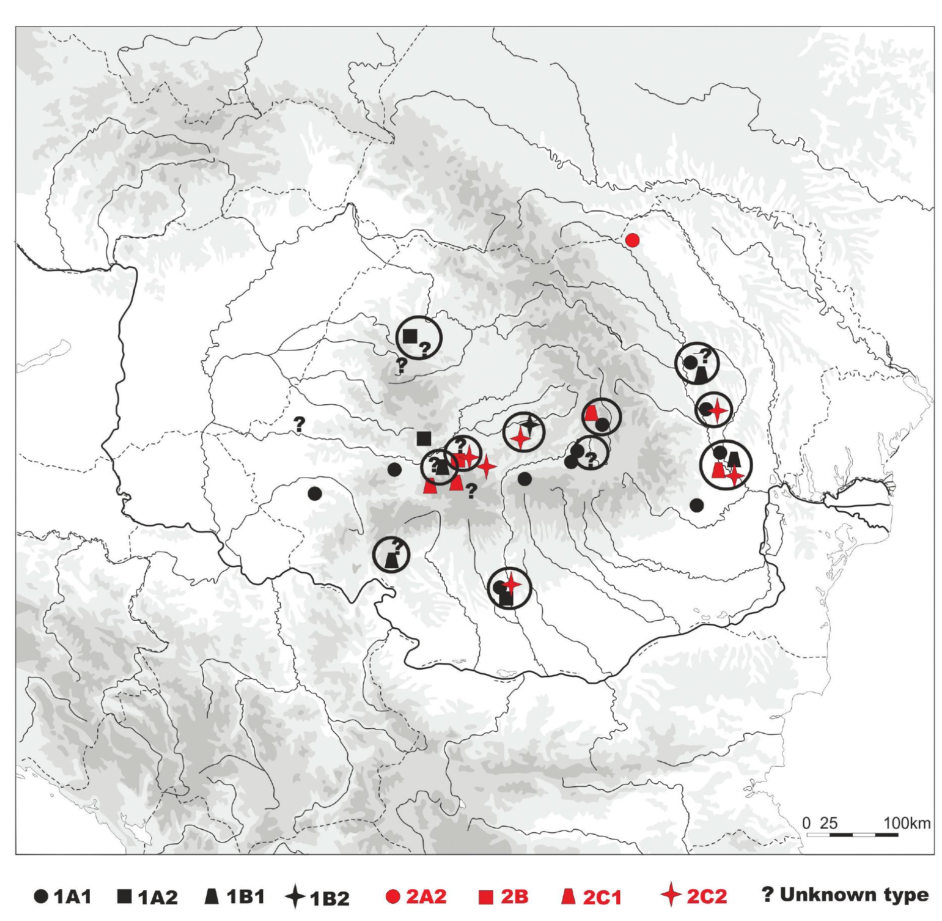 Figure 14. Distribution of iron forks and flesh-hooks (circles indicate finds from the same site)  Starting from the iron implements that were most likely used in collective convivial practices,  it has to be first said that only a  discovery, because many others are either coming from older excavations or are the result of ille  gal detecting activities. Overall,  the entire period in question, more likely having an older origin, while the flesh-hooks of type 2  were apparently used only from the items found together with o  few of them can be properly dated on the basis of their contexts of  the forks belonging to type 1 seem to have been used throughout  the first half of the of 1*t century BC onwards. On the other hand ther metal objects in the metallurgical workshops on terrace 8 at  .  Sarmizegetusa (one cauldron and of the 2"¢ century AD®.  three andirons) were dated to the late 1* century or the beginning 